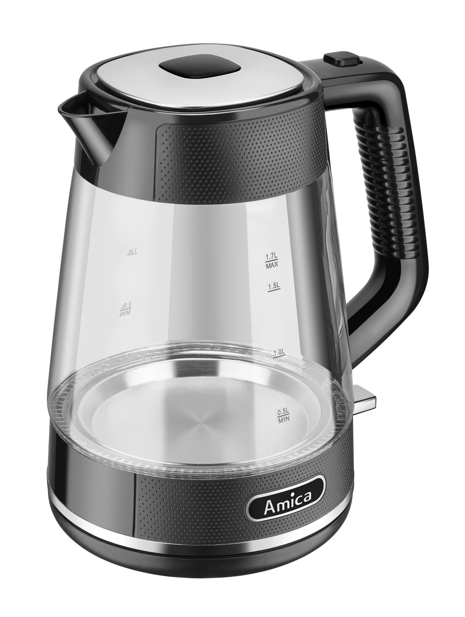 Un bollitore elettrico in vetro moderno con accenti neri e base argentata.