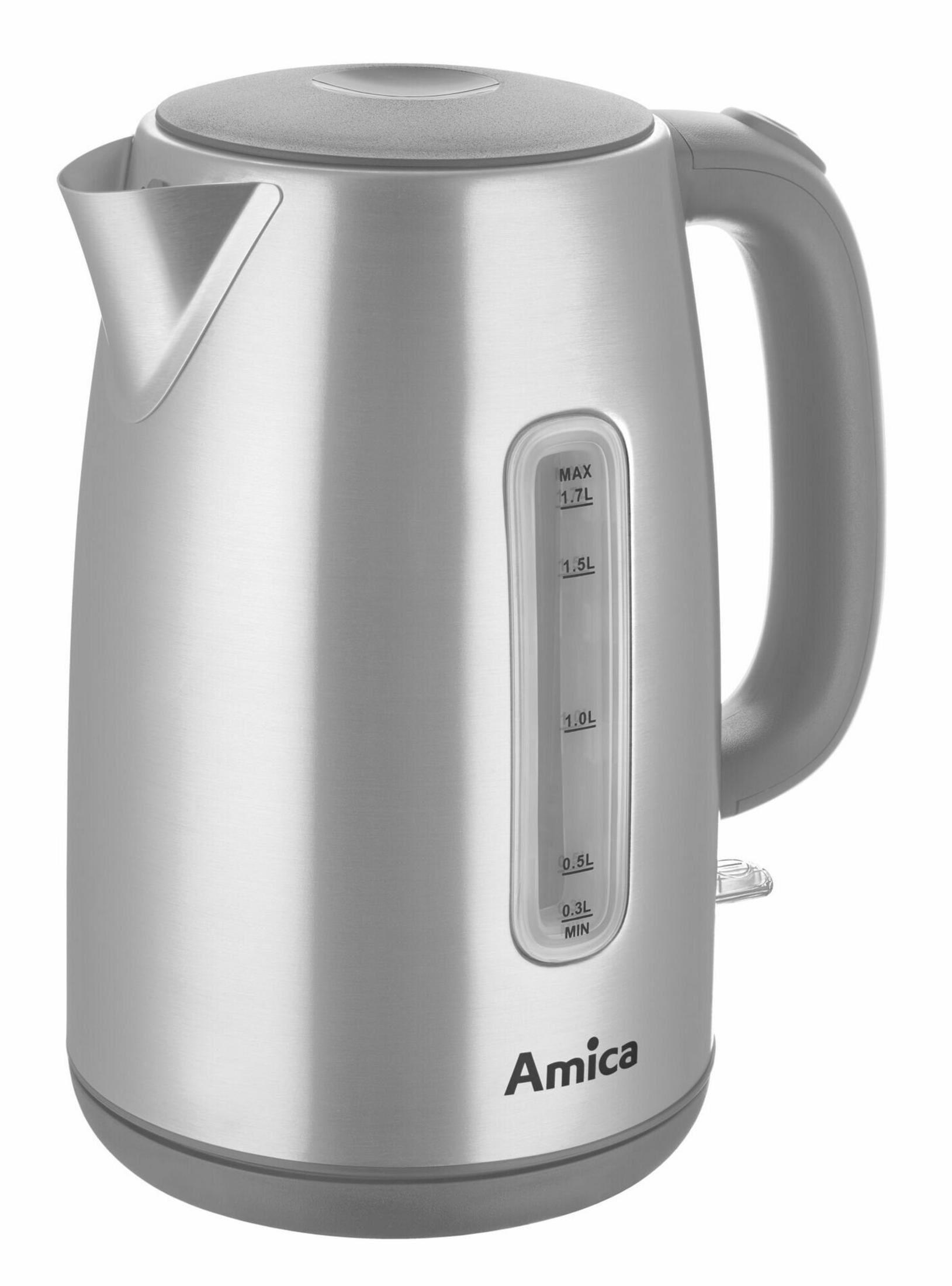 Un bollitore elettrico argentato con manico e coperchio grigi, con indicatore livello acqua.