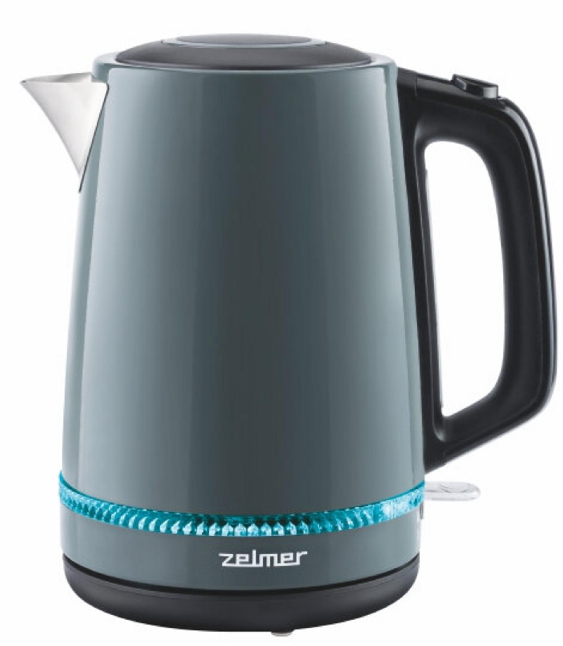 Un bollitore elettrico grigio con manico nero e fascia luminosa blu alla base.