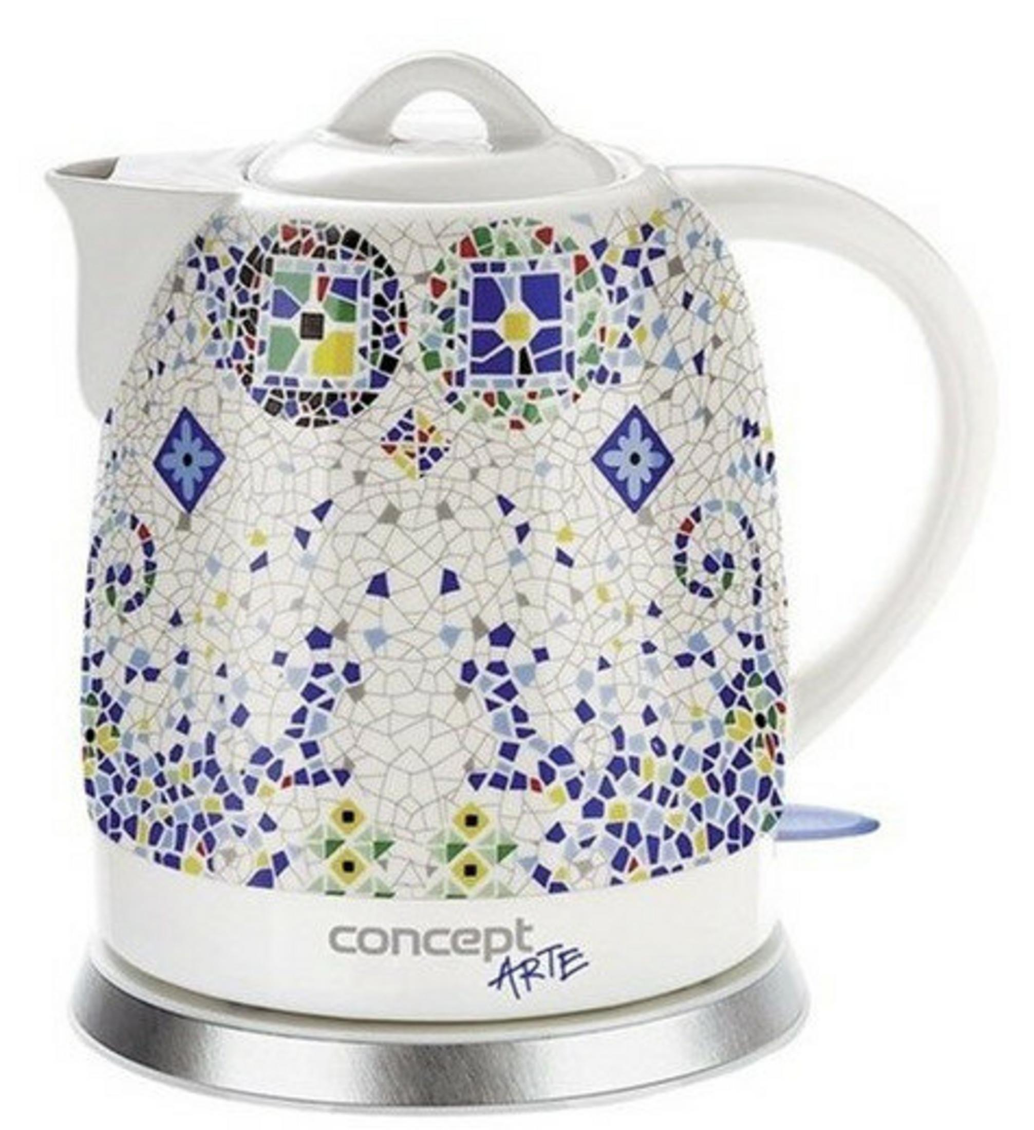 Un bollitore bianco con motivo a mosaico colorato e base argentata.