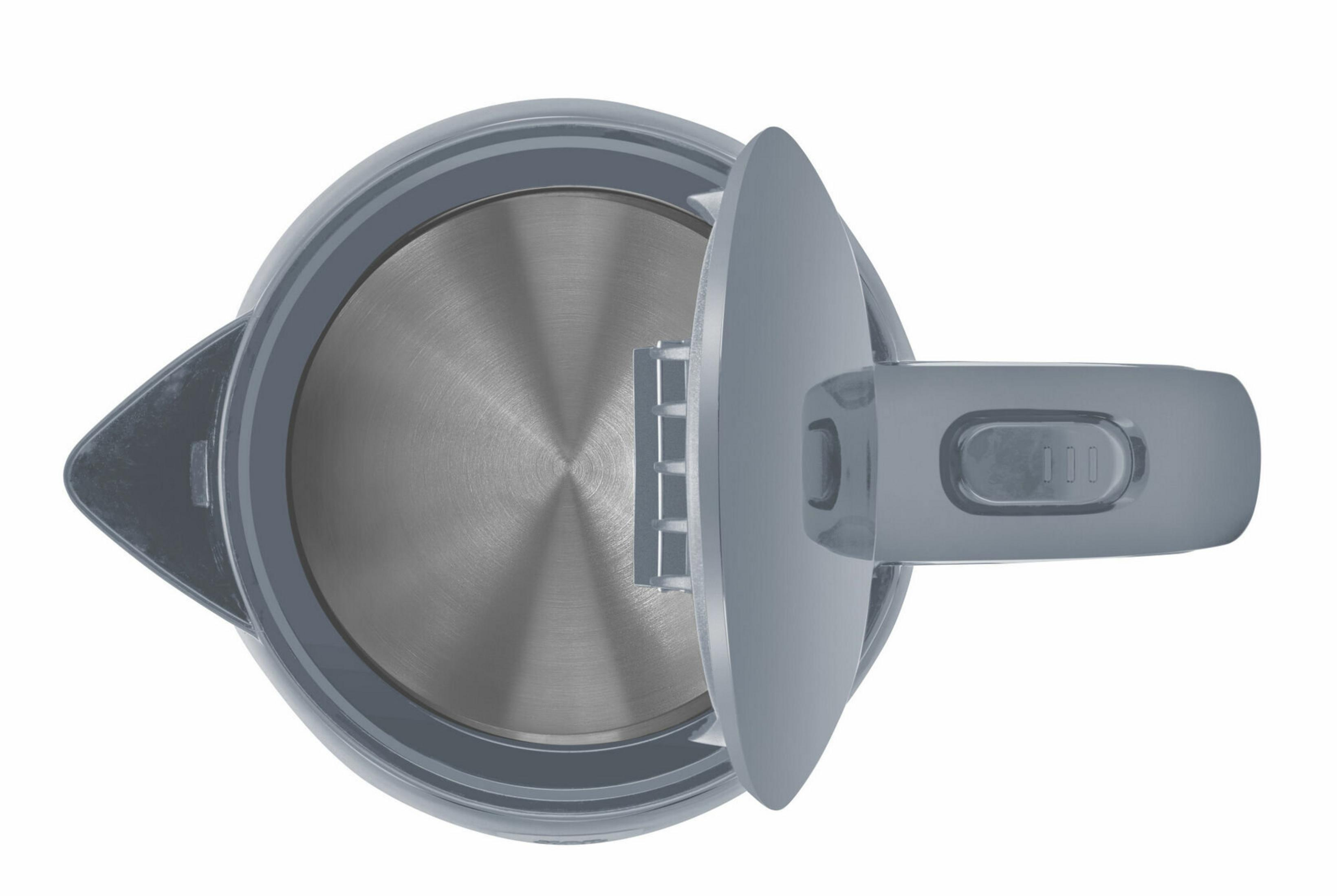 Szary czajnik z góry, pokrywa otwarta, widoczne metalowe wnętrze.