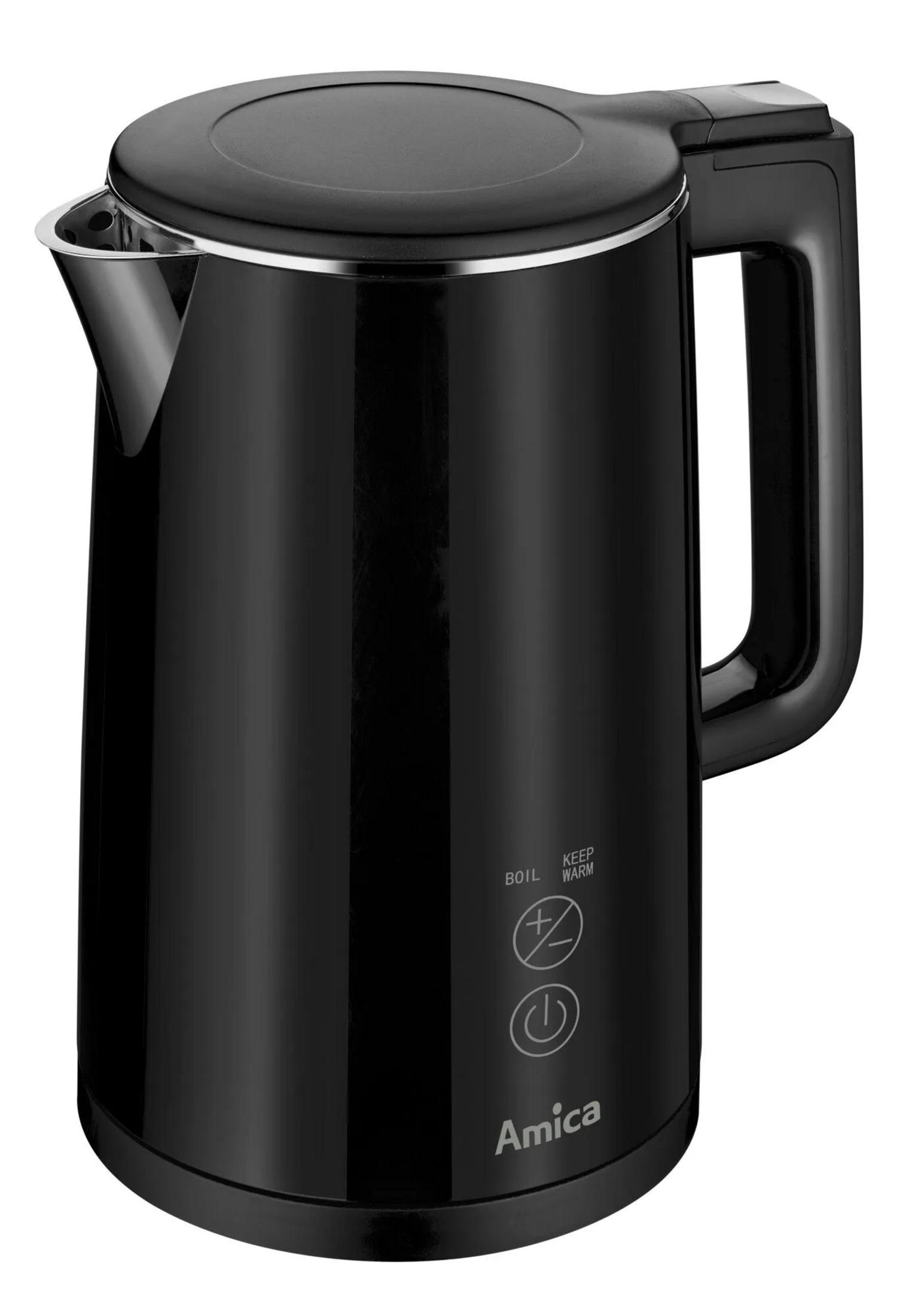 Bollitore elettrico nero con manico e coperchio, con icone e nome del marchio Amica.