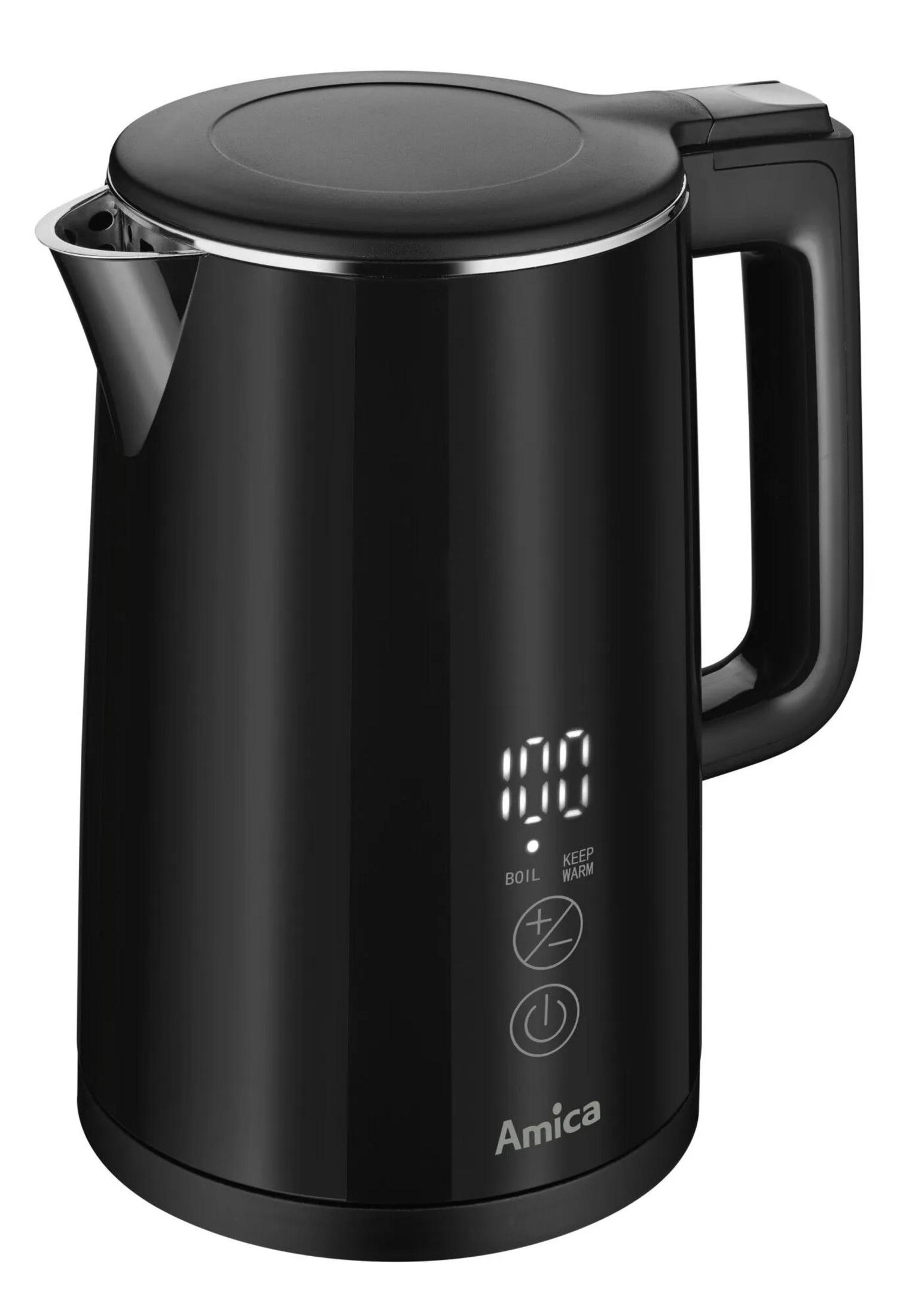 Bollitore elettrico nero con display digitale (100) e manico. Logo Amica in basso.