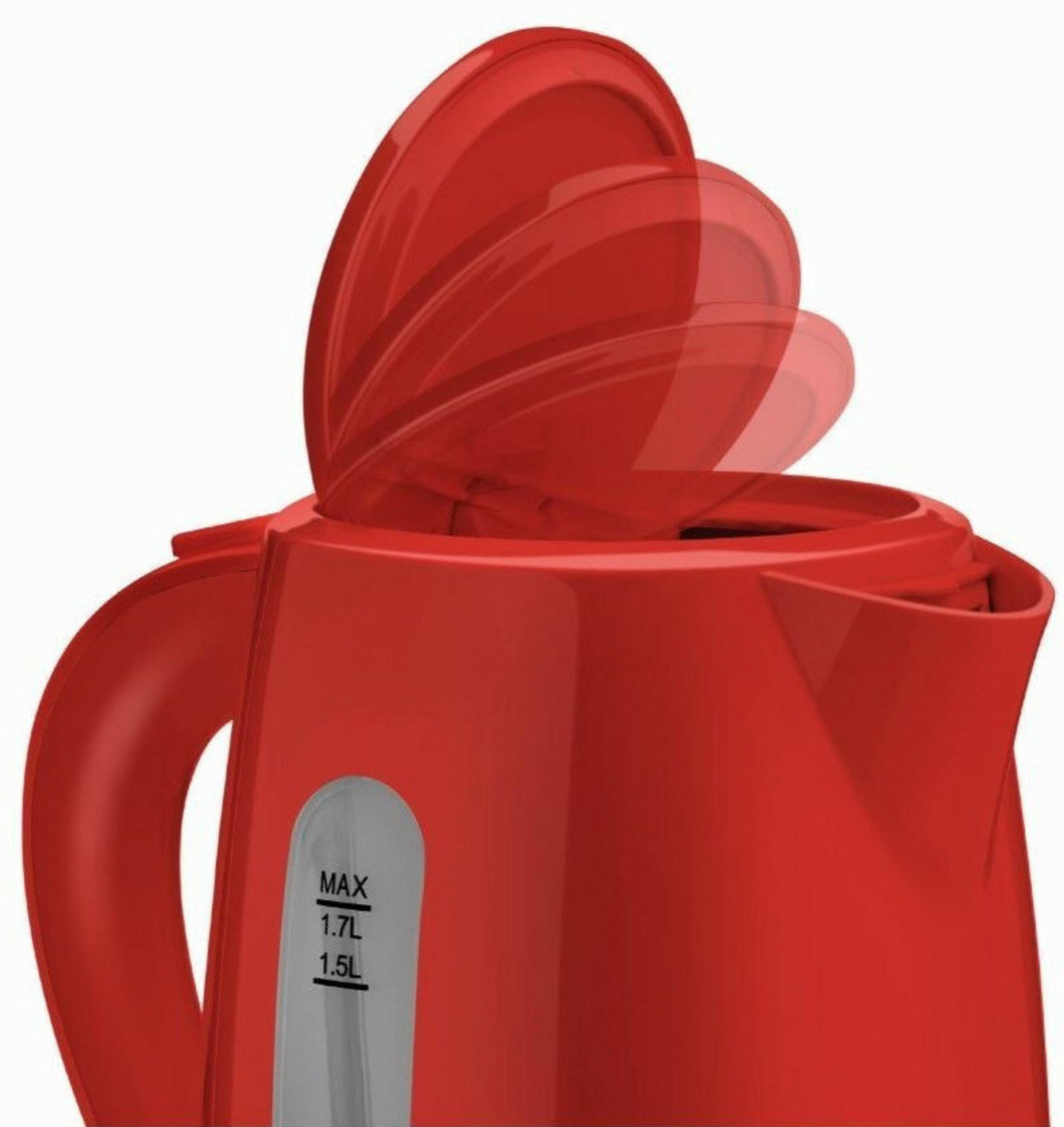 Un bollitore rosso con il coperchio aperto, che mostra l'indicatore del livello dell'acqua.