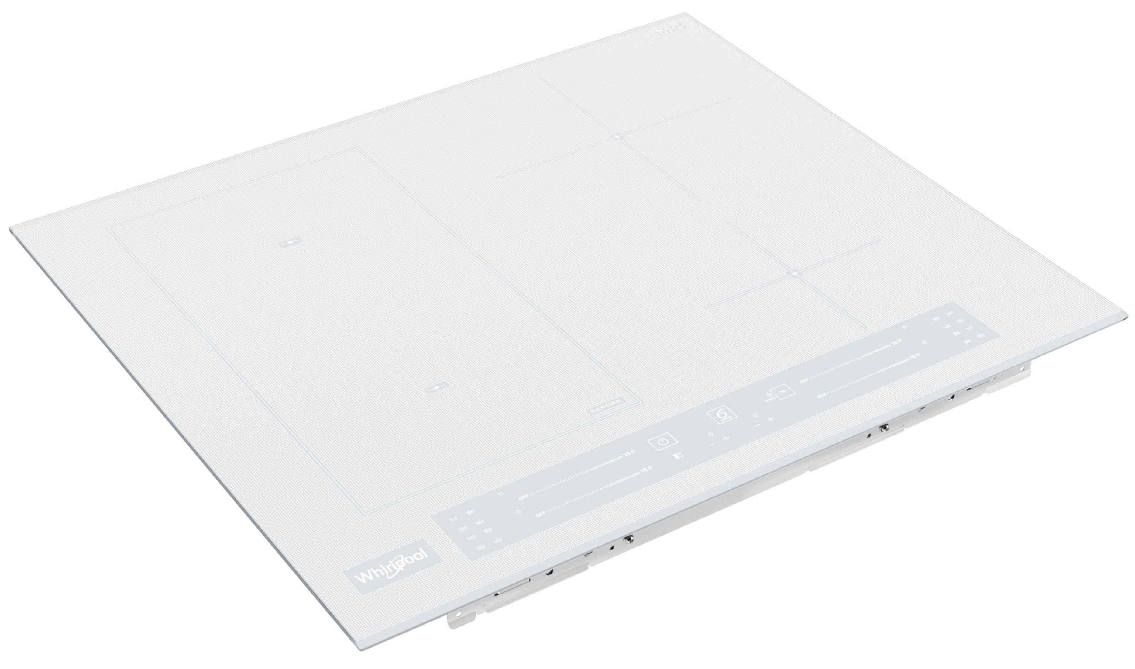 White induction cooktop with four cooking zones and touch controls. Whirlpool logo visible.