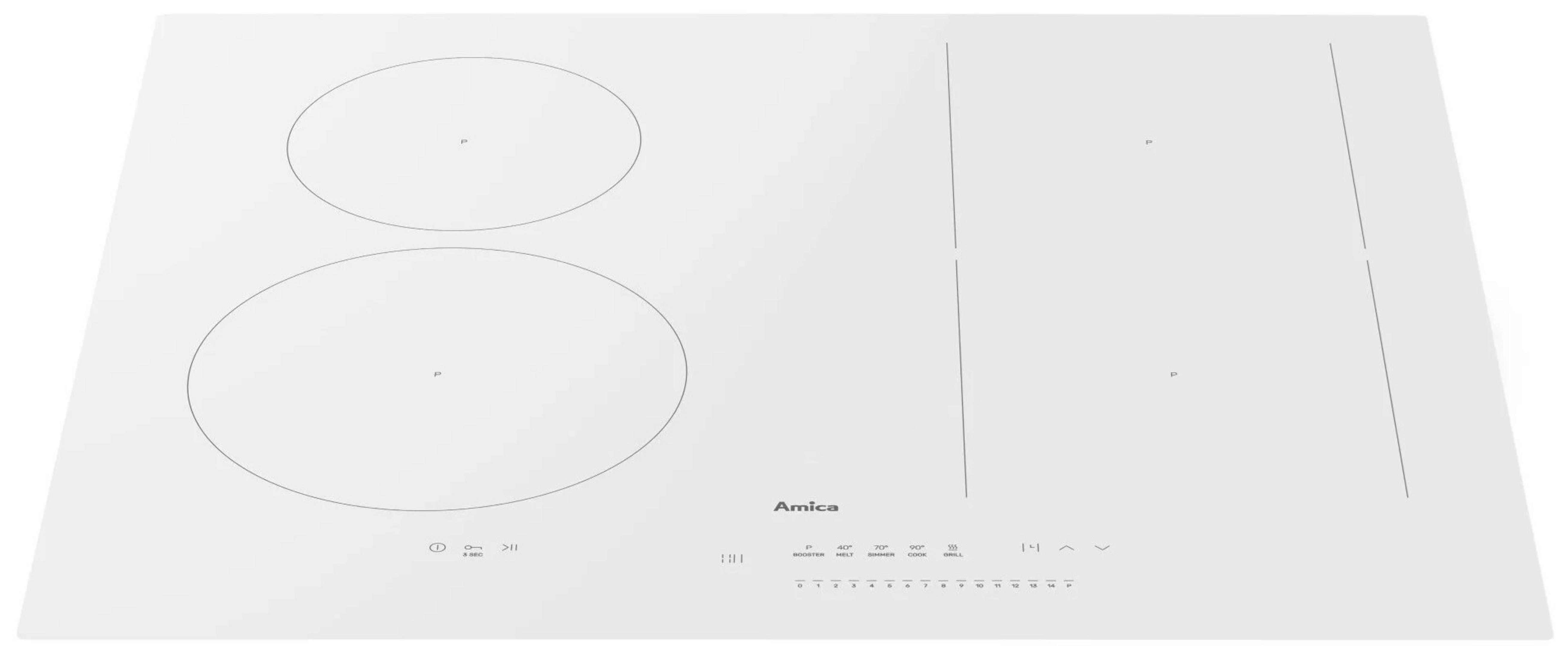 Un piano cottura a induzione bianco con due zone cottura e pannello di controllo.
