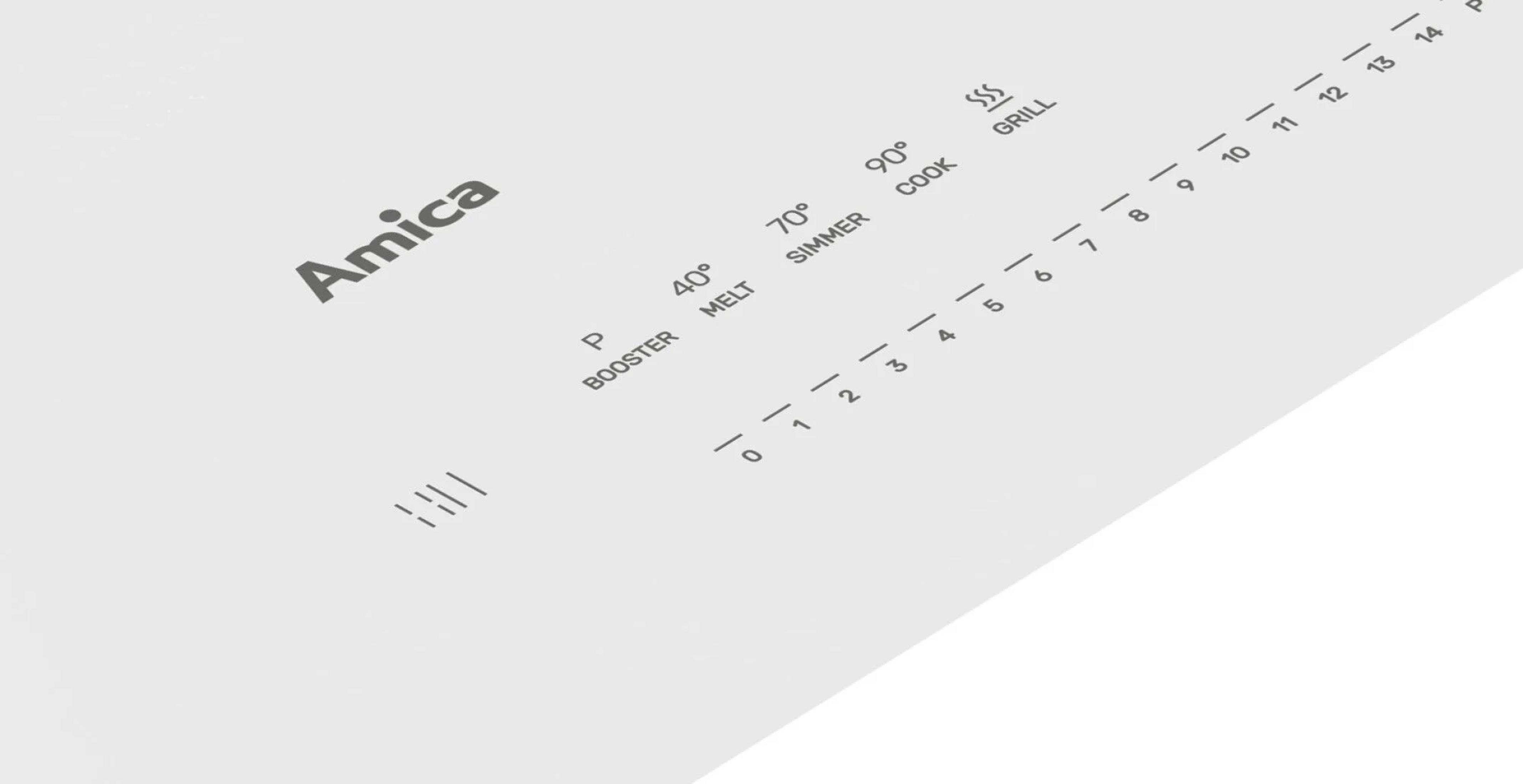 Logo Amica con impostazioni piano cottura: Booster, 40° Sciogliere, 70° Sobbollire, 90° Cuocere, Grill.