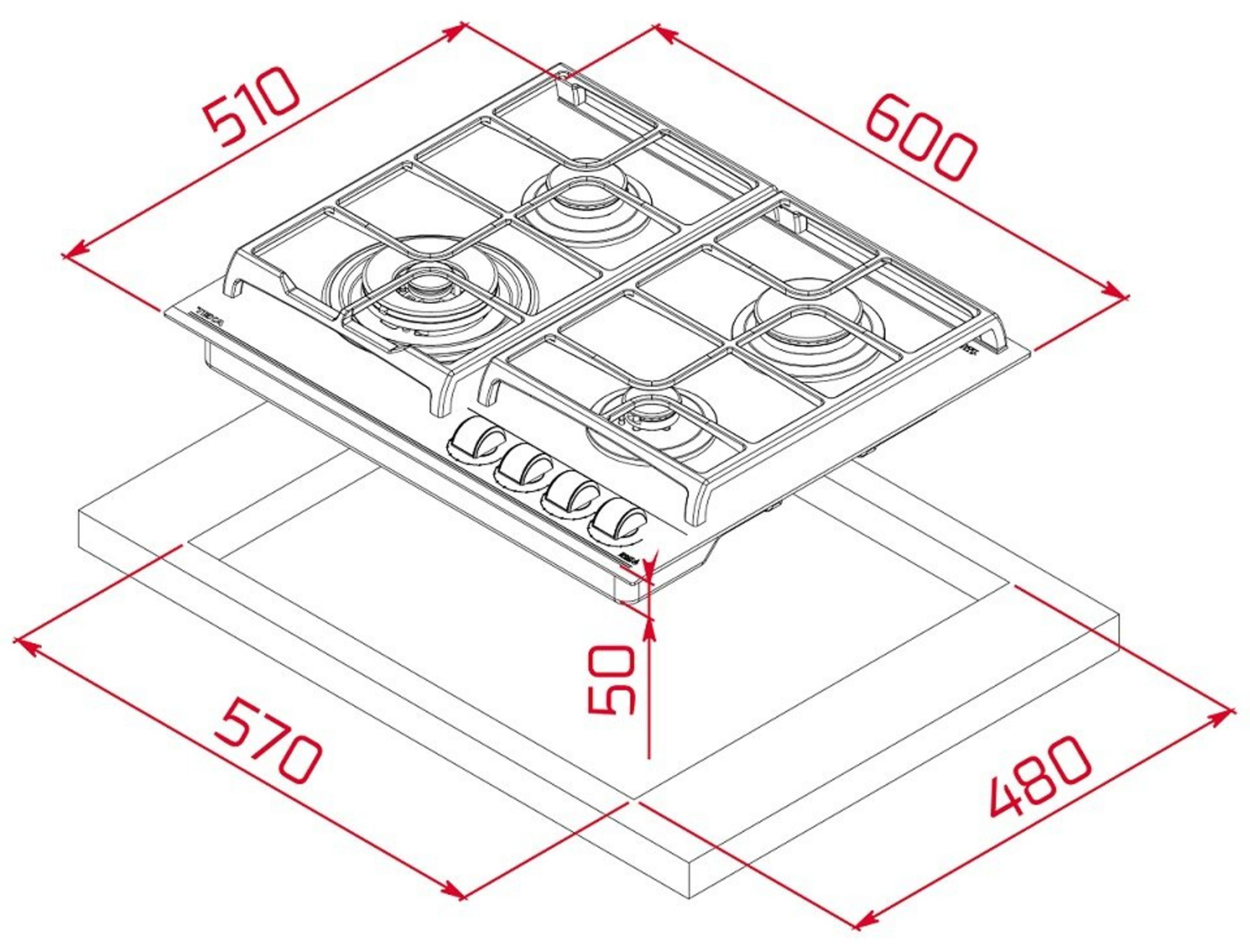 Rysunek techniczny płyty gazowej o wymiarach 510x600 mm.