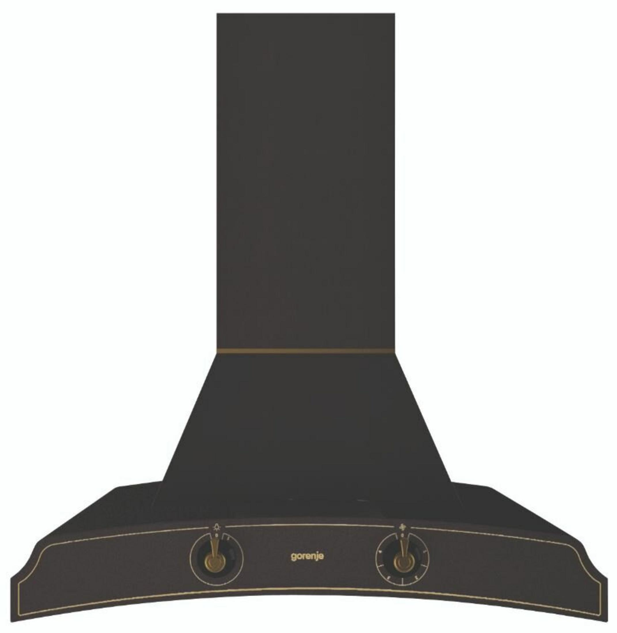 Ciemnoszara okap kuchenny z mosiężnym wykończeniem i pokrętłami.