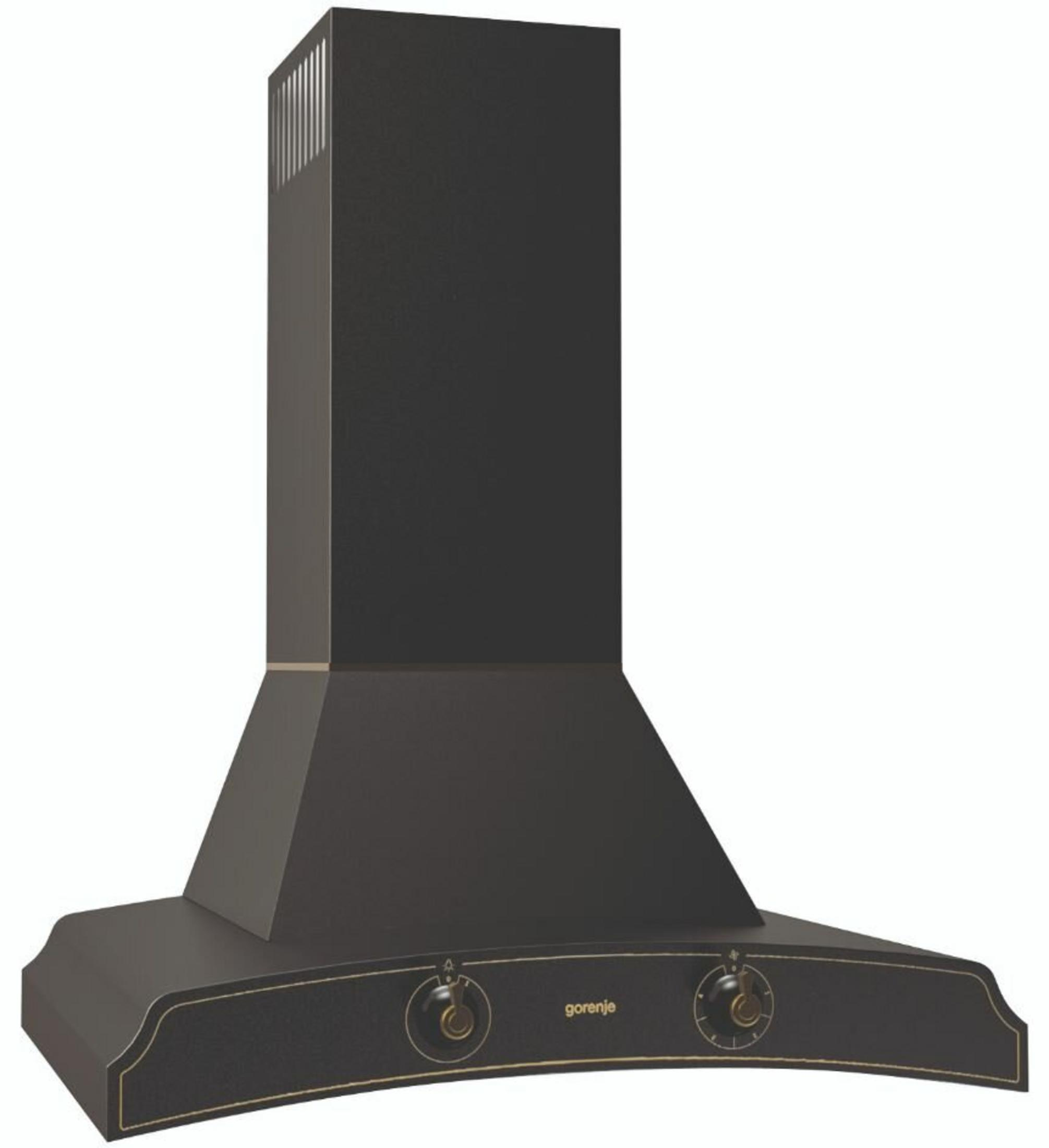 Ciemnoszary okap kuchenny z dwoma pokrętłami i złotymi akcentami.