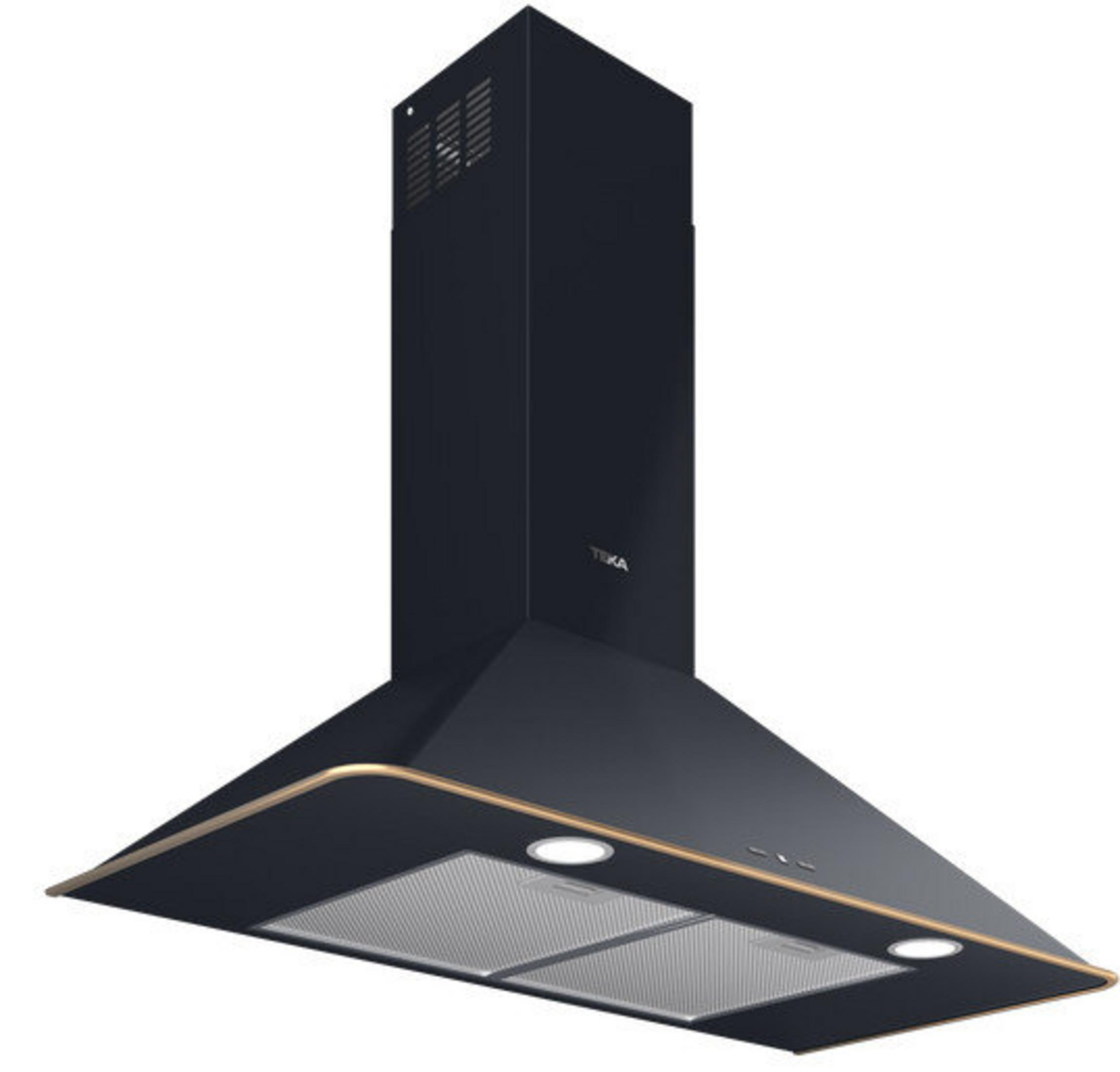 Gümüş filtreli ve LED ışıklı siyah davlumbaz.