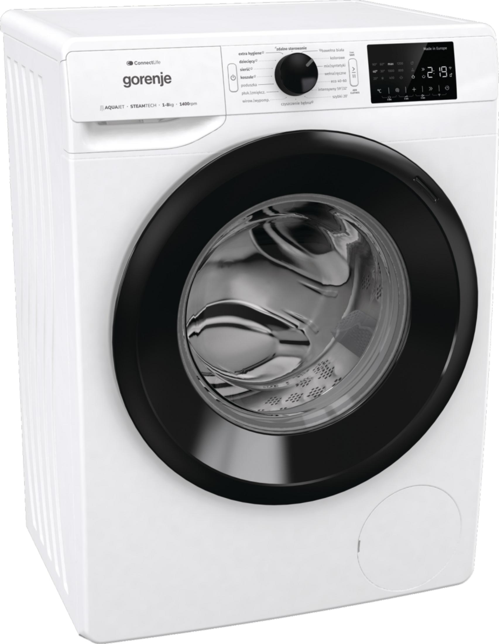 Lavatrice Gorenje bianca con oblò nero e display digitale.