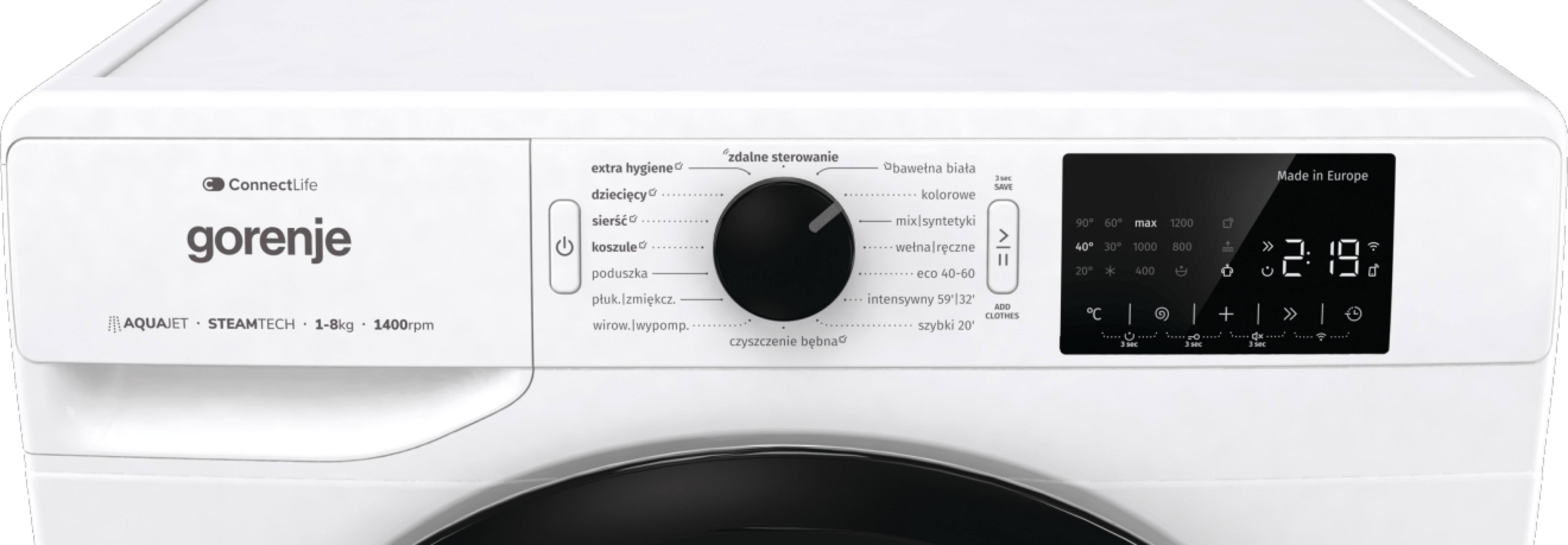 Pannello di controllo di una lavatrice Gorenje bianca con manopola rotante e display digitale.