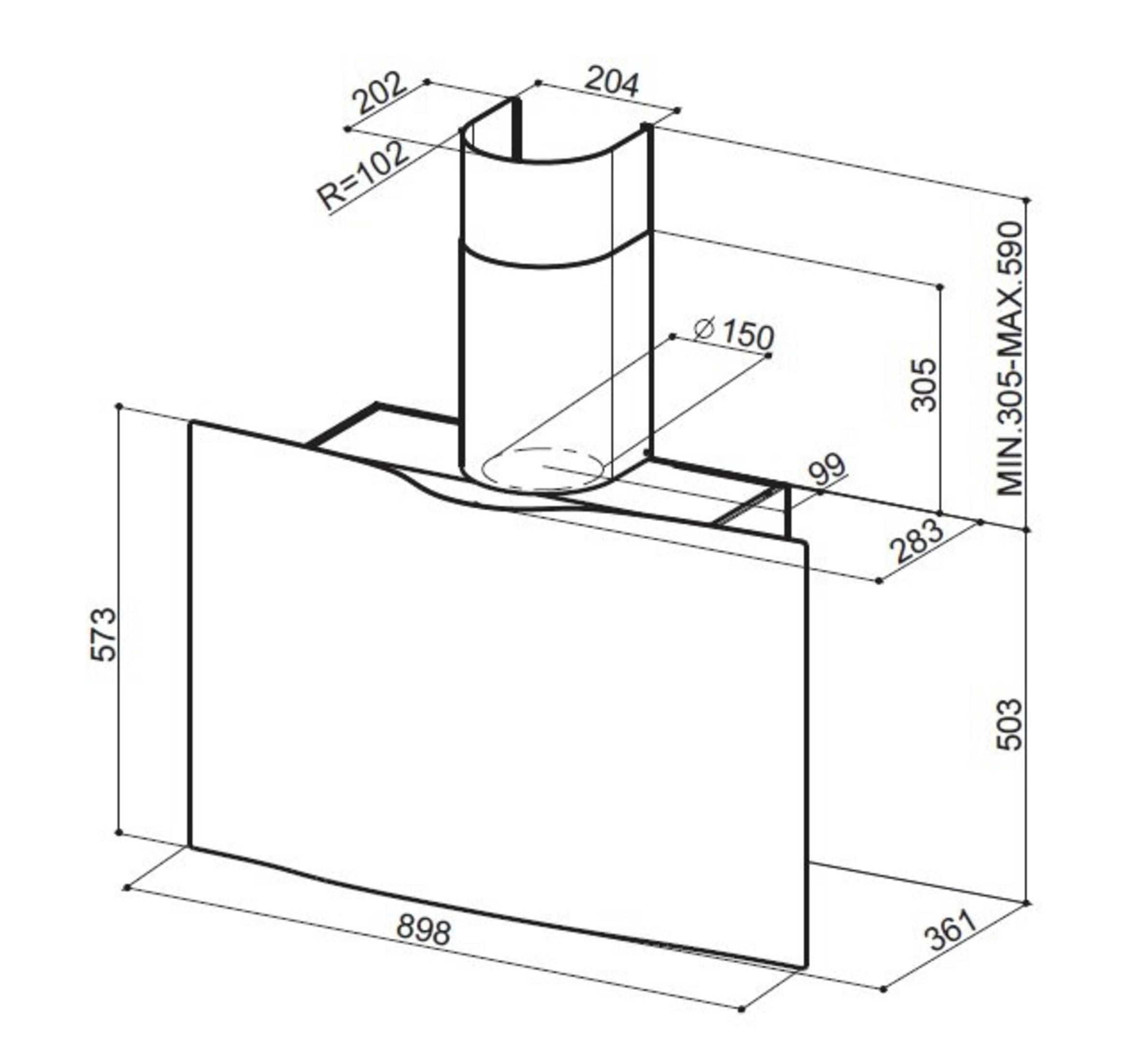 Disegno tecnico di una cappa aspirante con dimensioni.