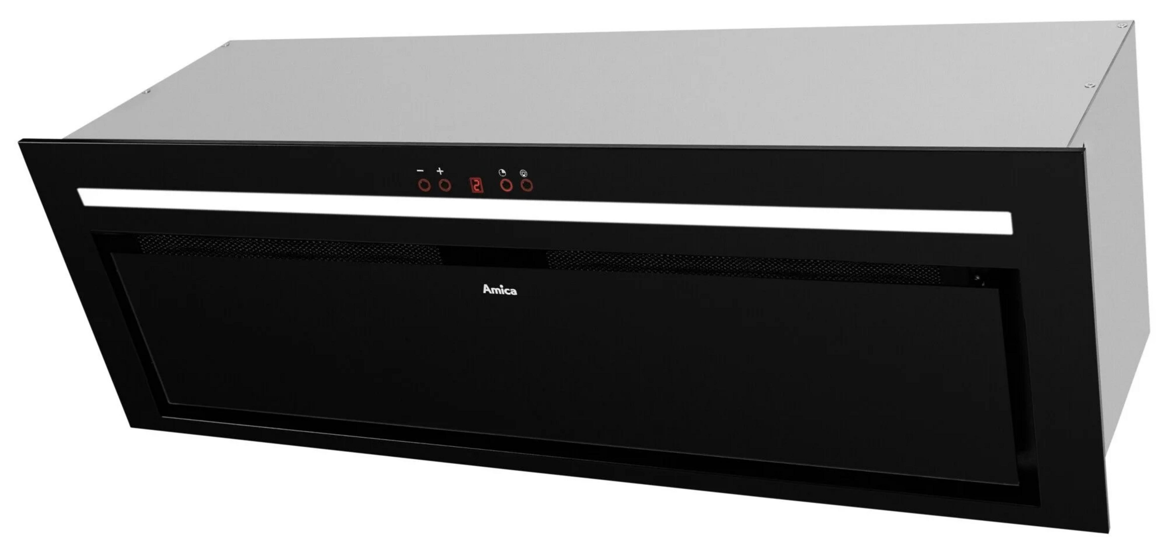 Czarny okap kuchenny z srebrną obudową i panelem sterowania.