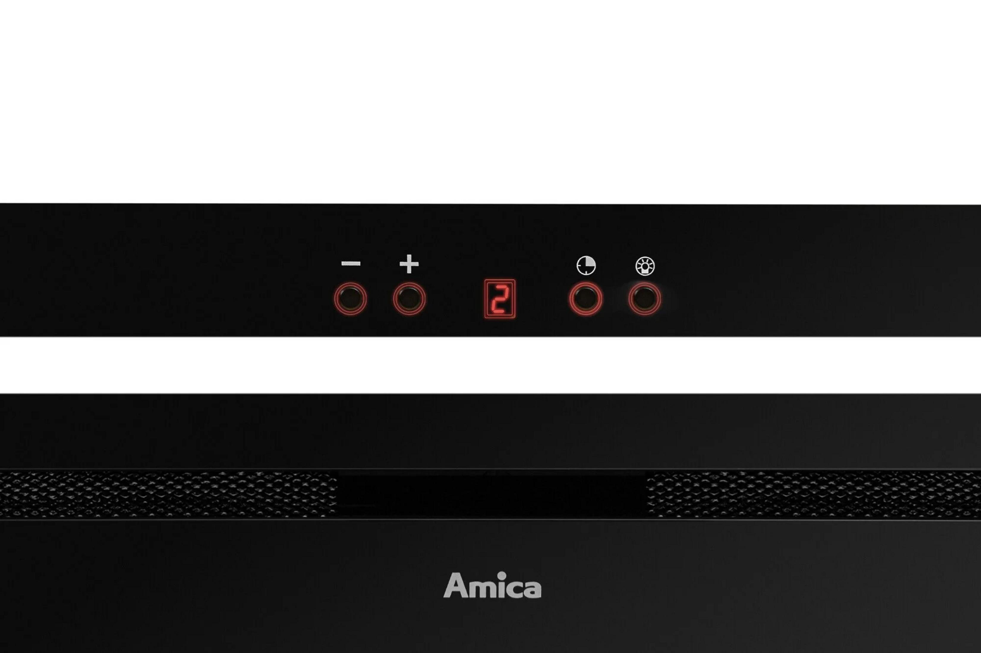 Czarny okap kuchenny z cyfrowymi przyciskami sterowania i logo Amica.
