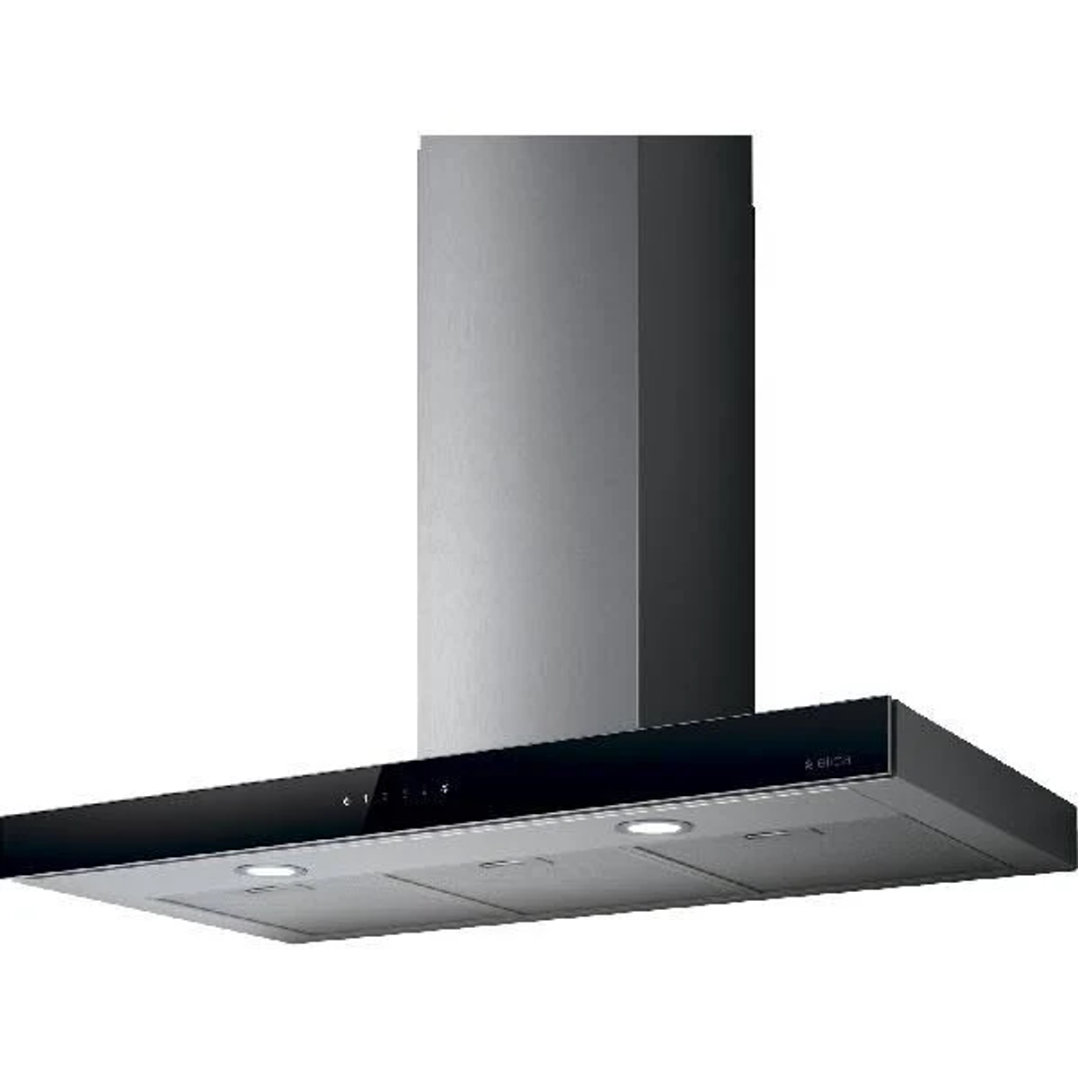 Moderna cappa da cucina in acciaio inox e vetro nero con pannello touch.