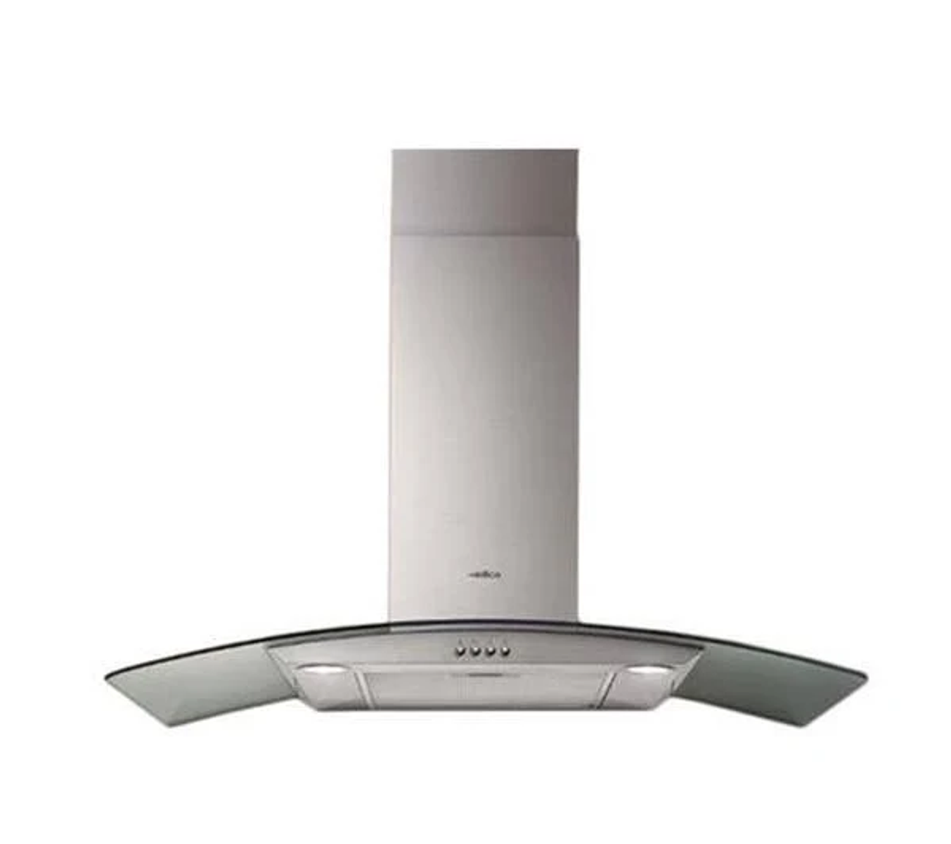 Cappa aspirante in acciaio inox con frontale in vetro.