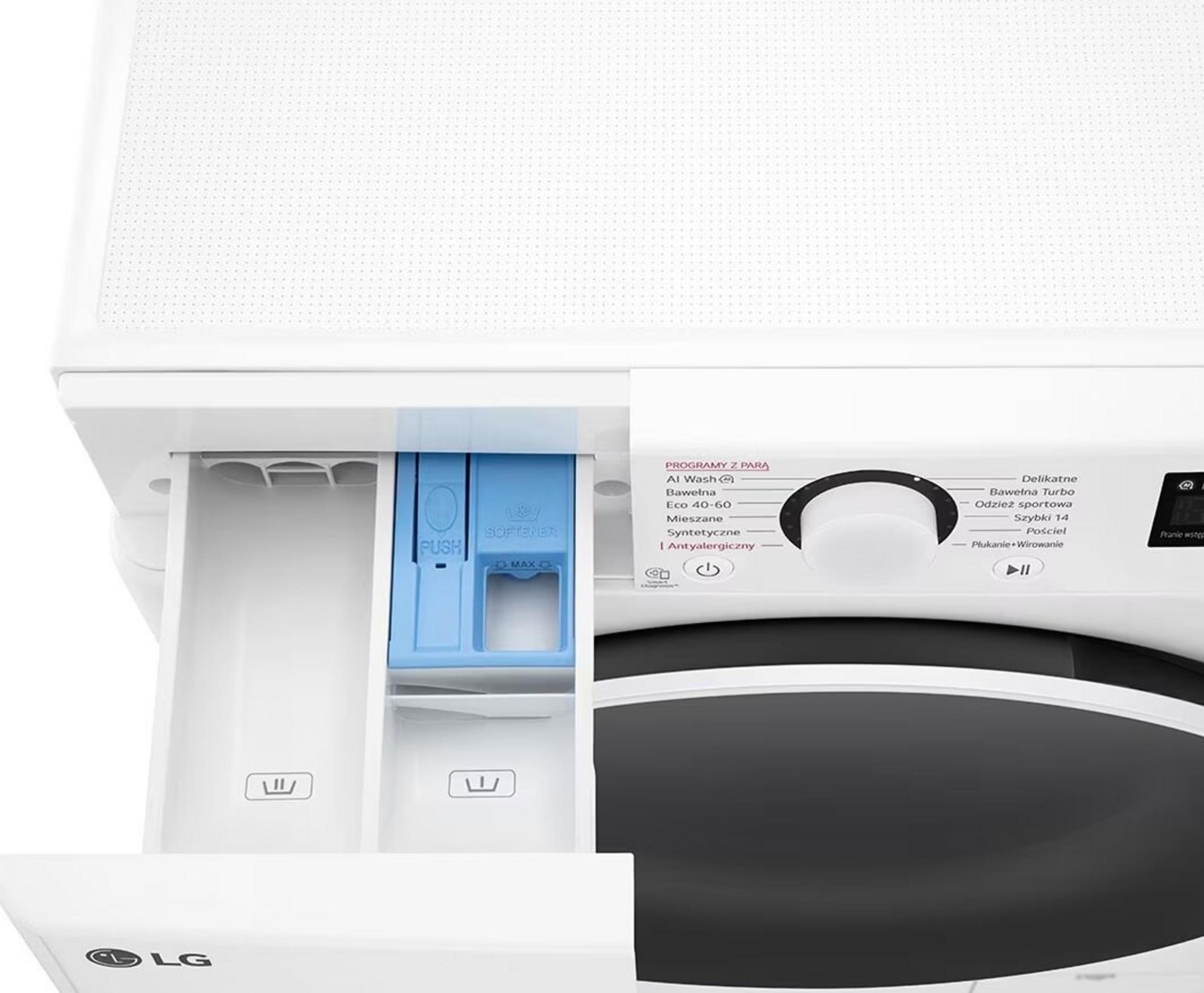 Biała pralka z otwartą szufladą na detergent i panelem sterowania.