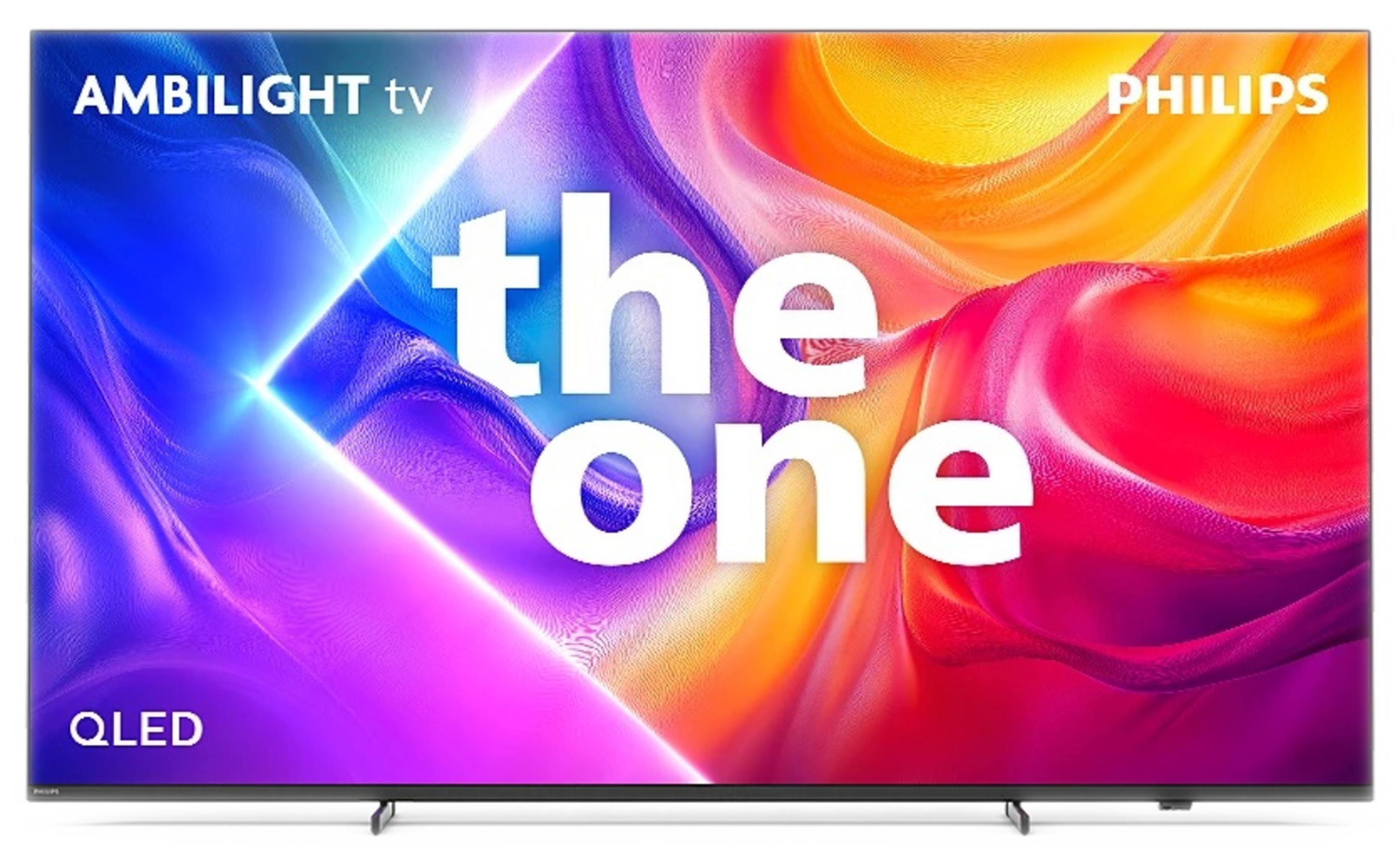 Una TV Philips Ambilight con tecnologia QLED mostra le parole "the one".