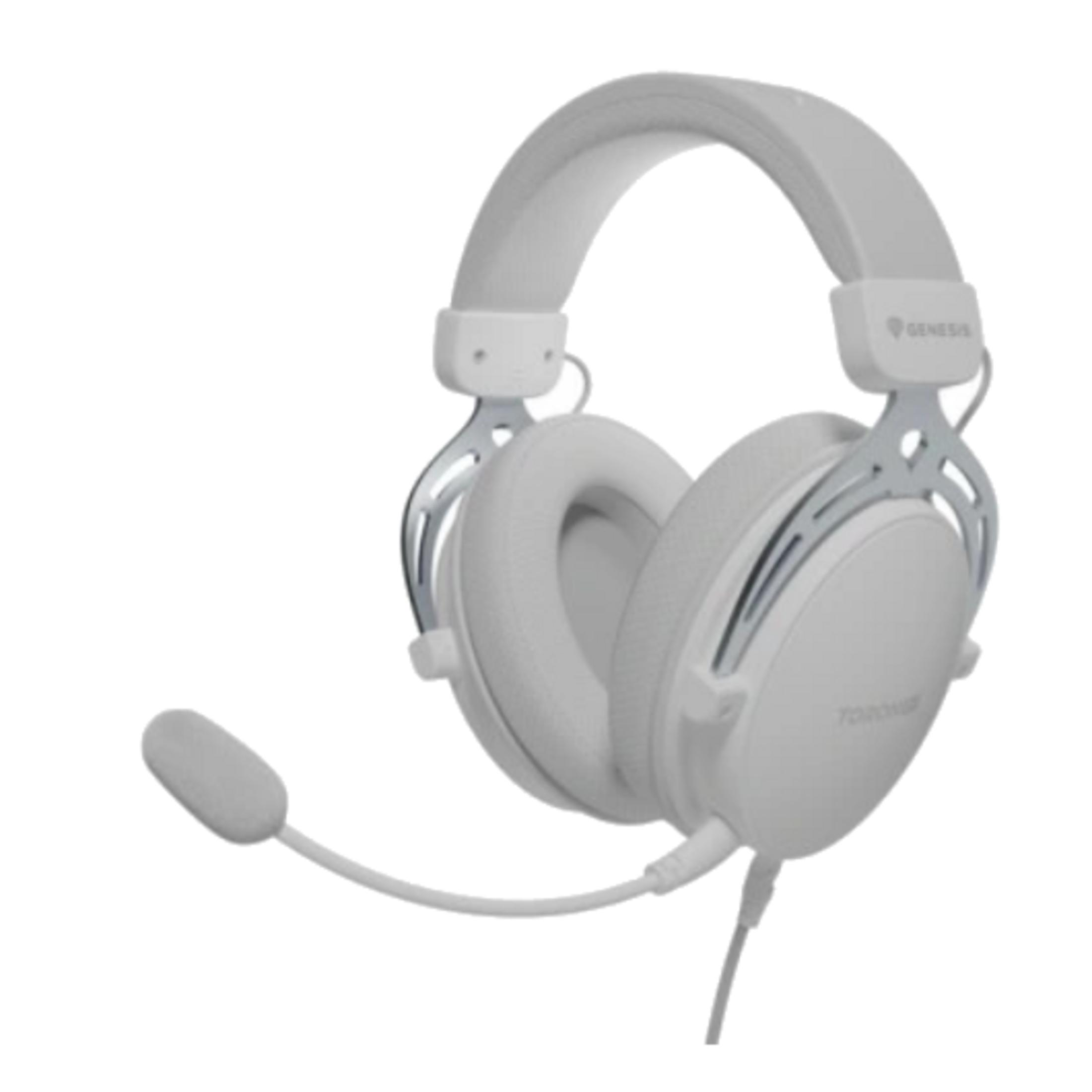 Białe słuchawki gamingowe z mikrofonem i srebrnymi akcentami.