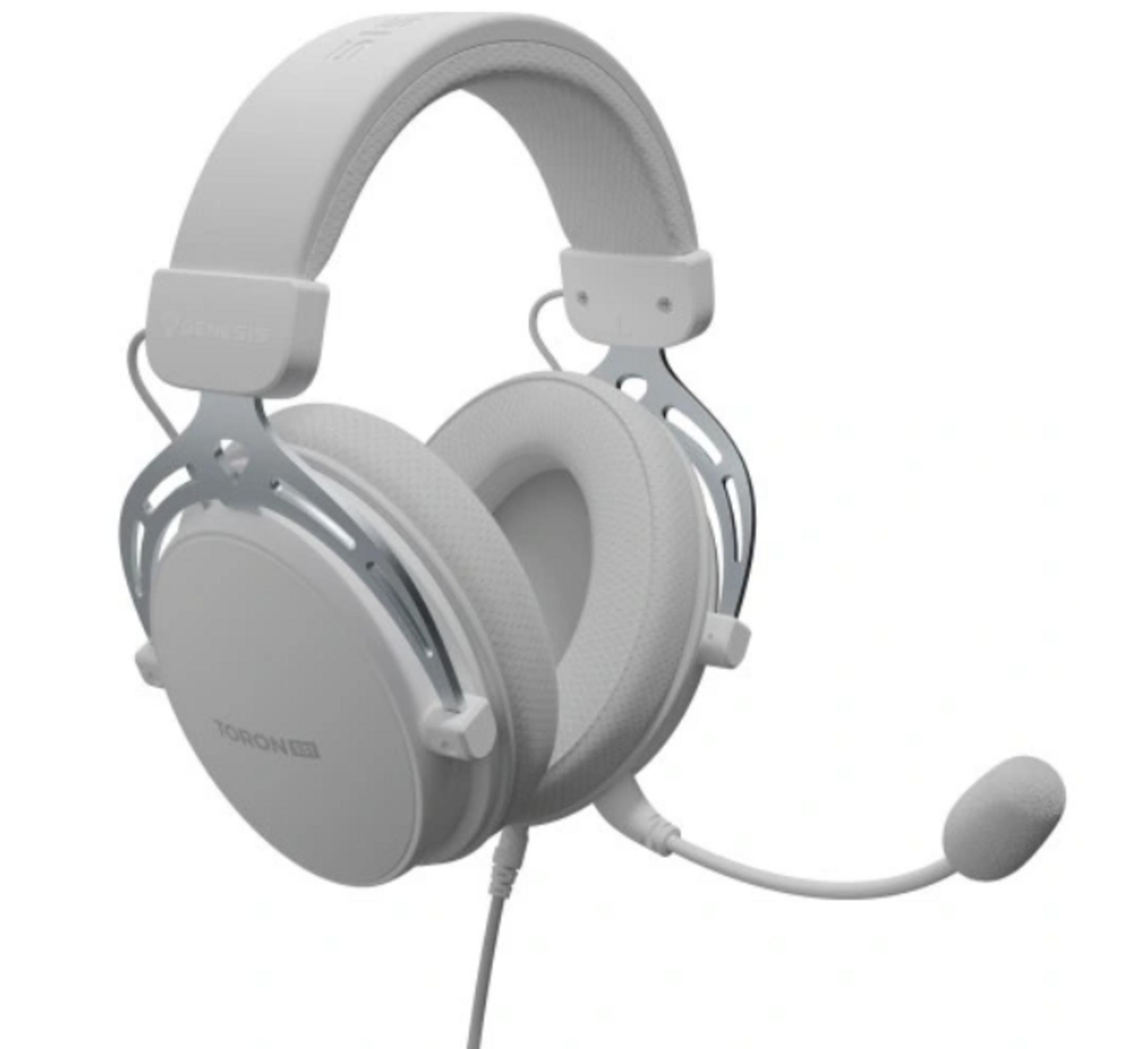 Białe słuchawki z mikrofonem i srebrnymi akcentami, na białym tle.