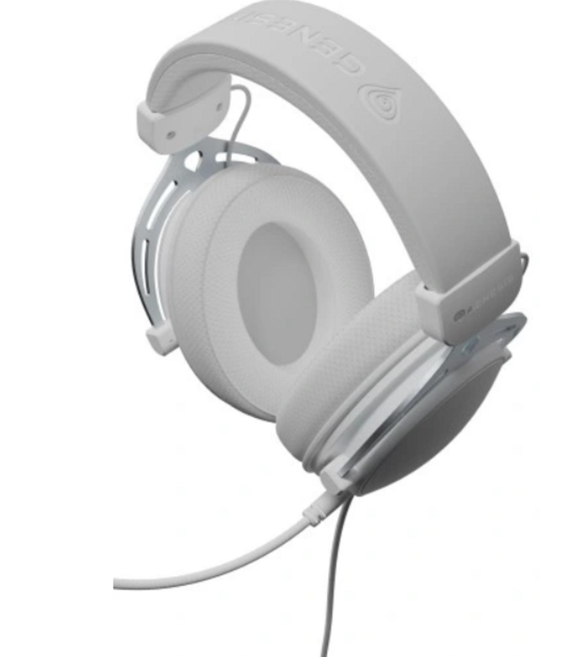Białe słuchawki gamingowe z wyściełanymi nausznikami i pałąkiem. Widoczne logo.