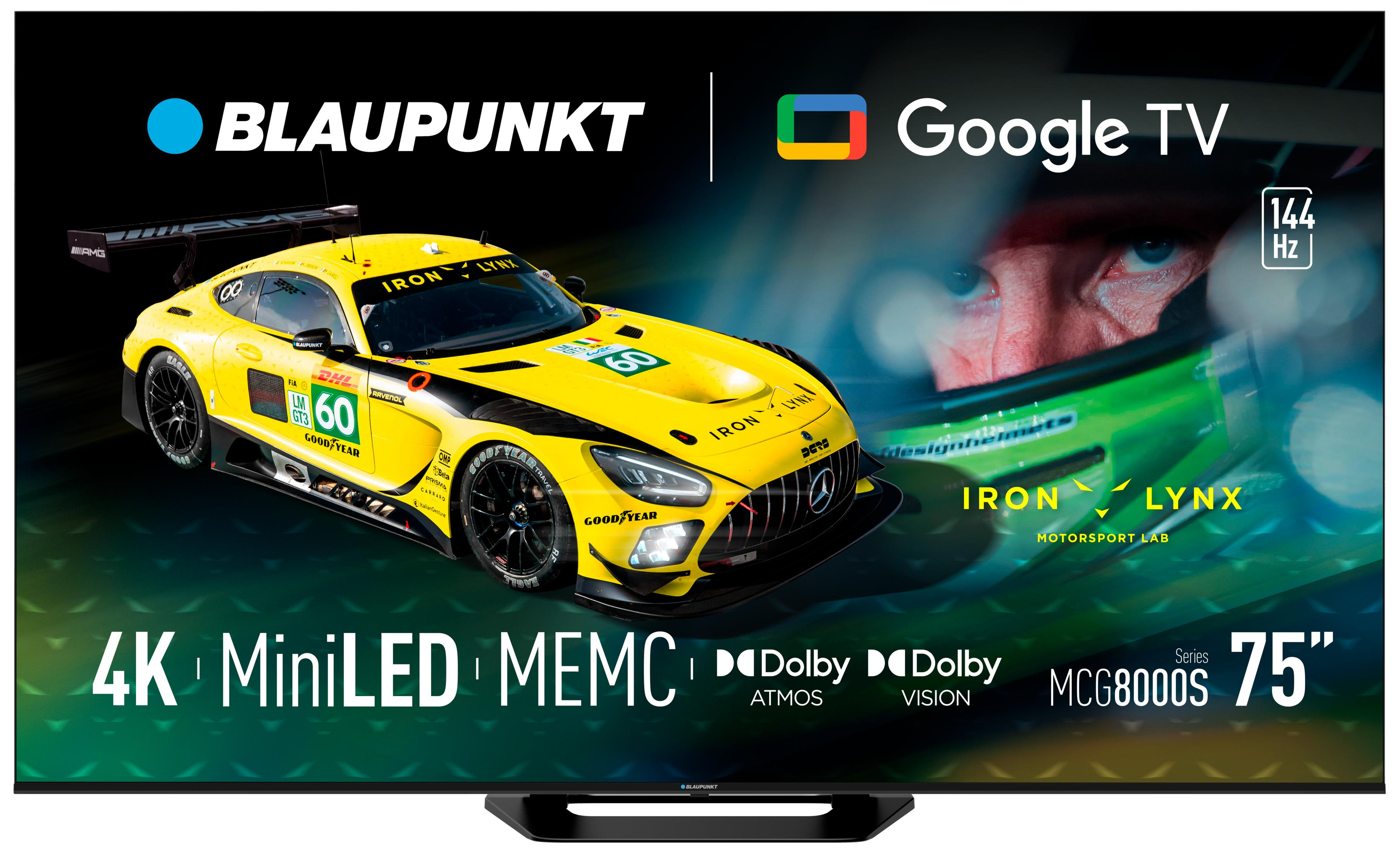 Żółty samochód wyścigowy z logo Blaupunkt i Google TV. Widoczne oko kierowcy.