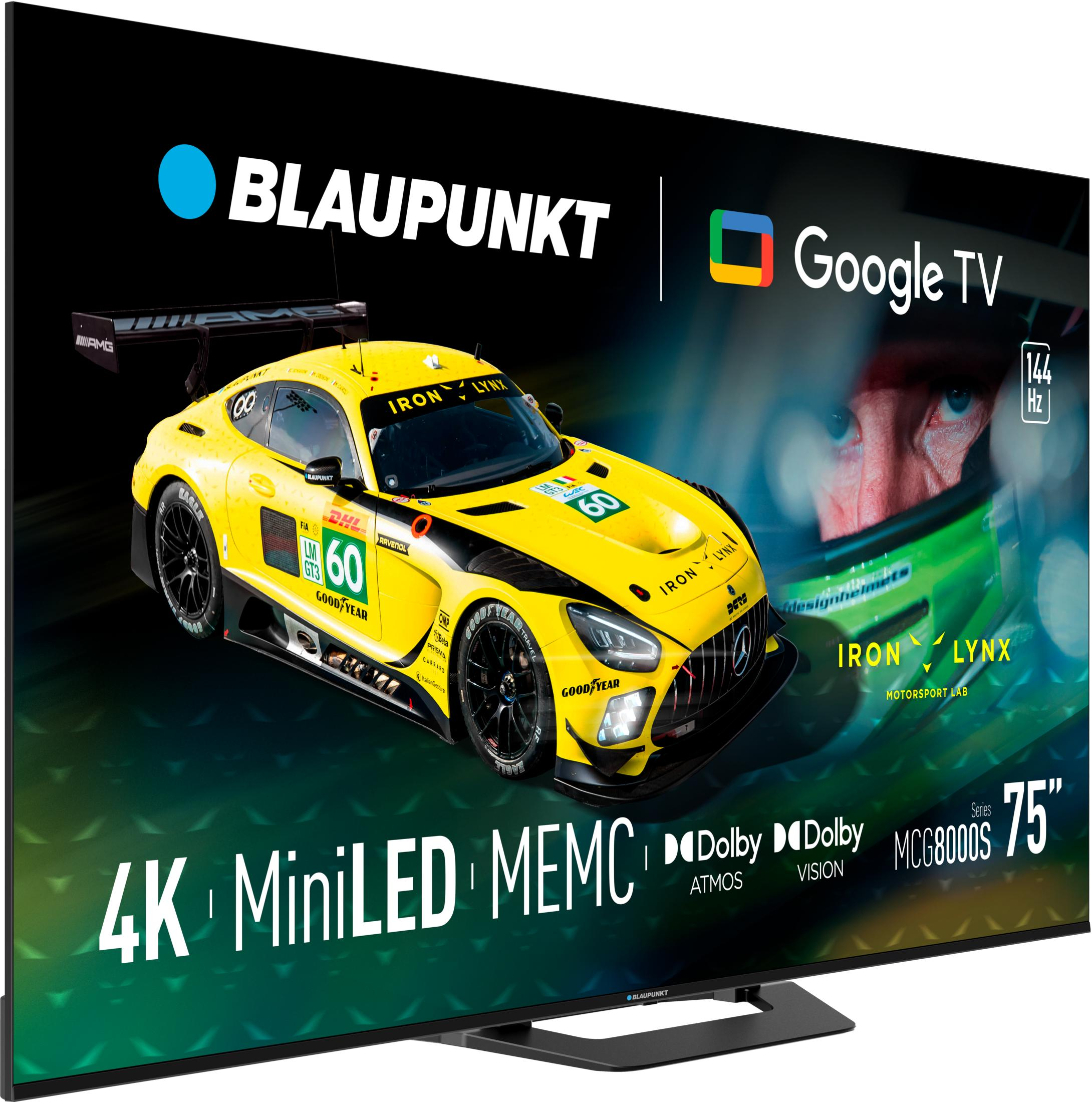 Żółty samochód wyścigowy z numerem 60 na ekranie Blaupunkt Google TV.