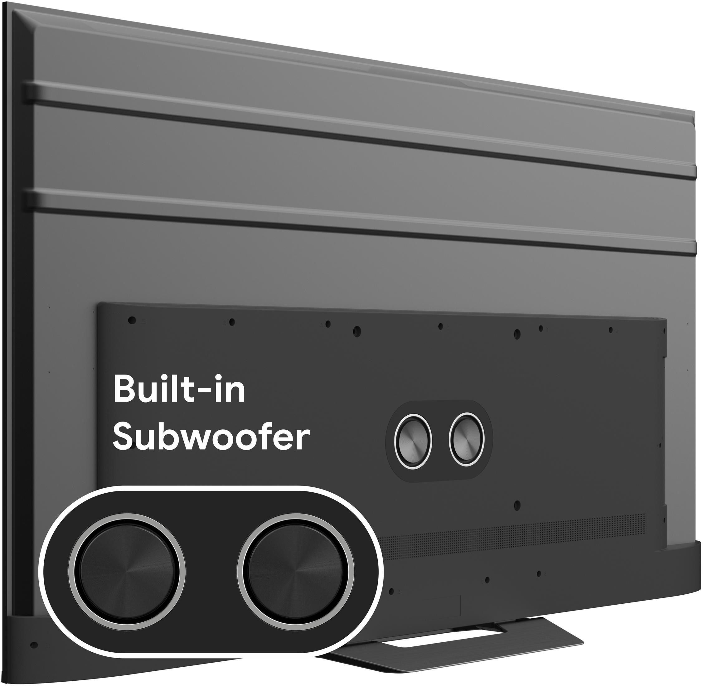 Tył czarnego telewizora z dwoma okrągłymi głośnikami subwoofera.