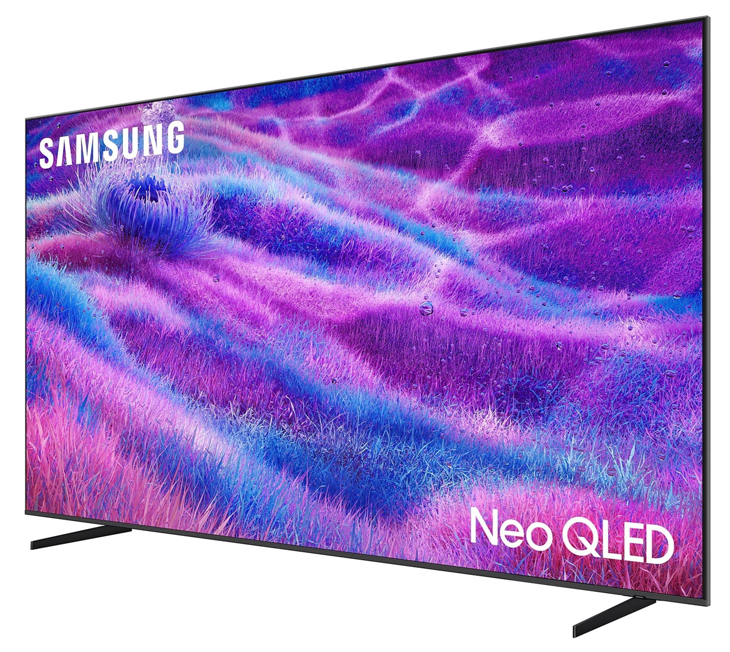 Telewizor Samsung Neo QLED wyświetlający fioletowy i niebieski wygaszacz ekranu z trawą.