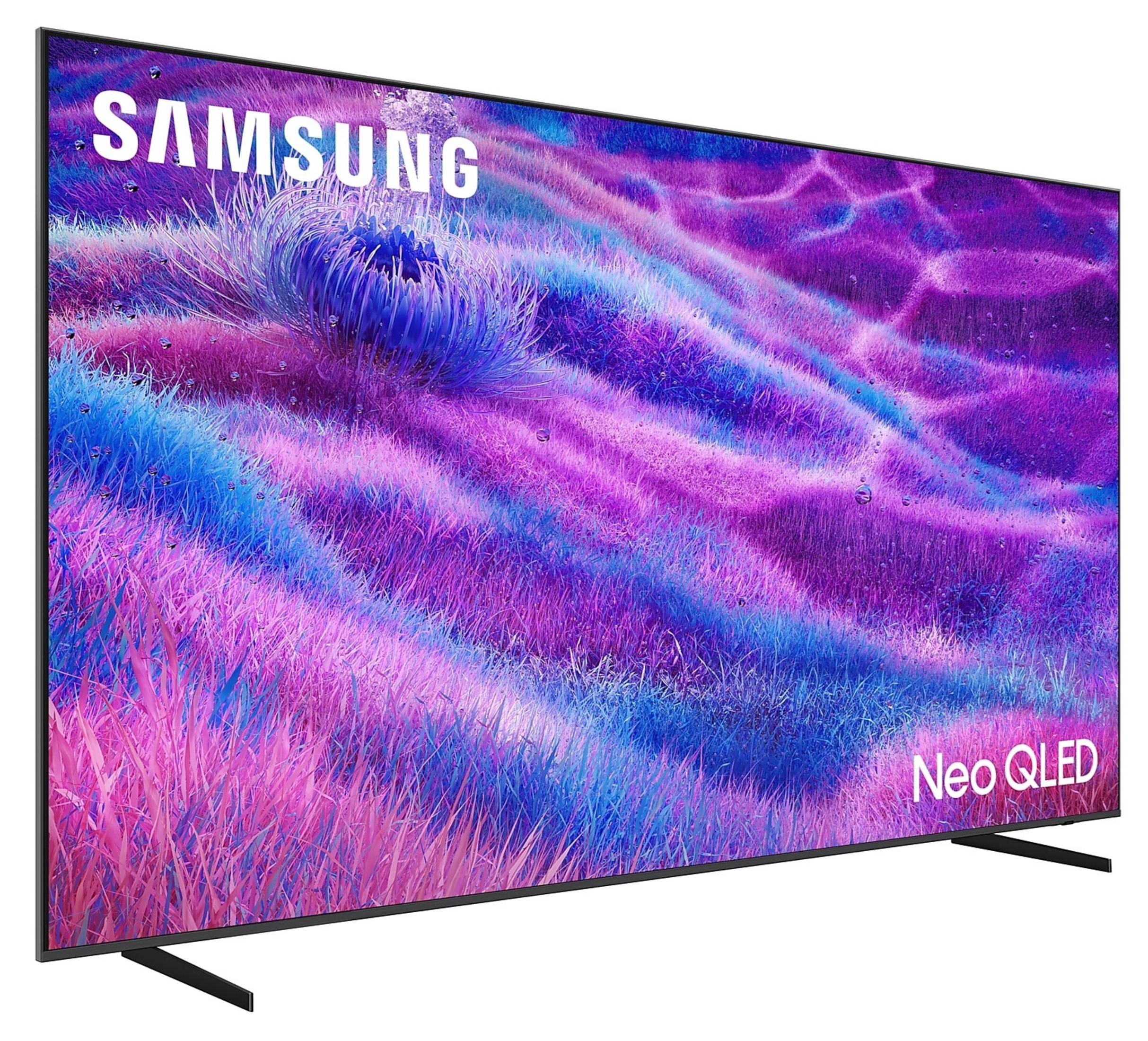 Telewizor Samsung Neo QLED z abstrakcyjnym fioletowo-niebieskim tłem.
