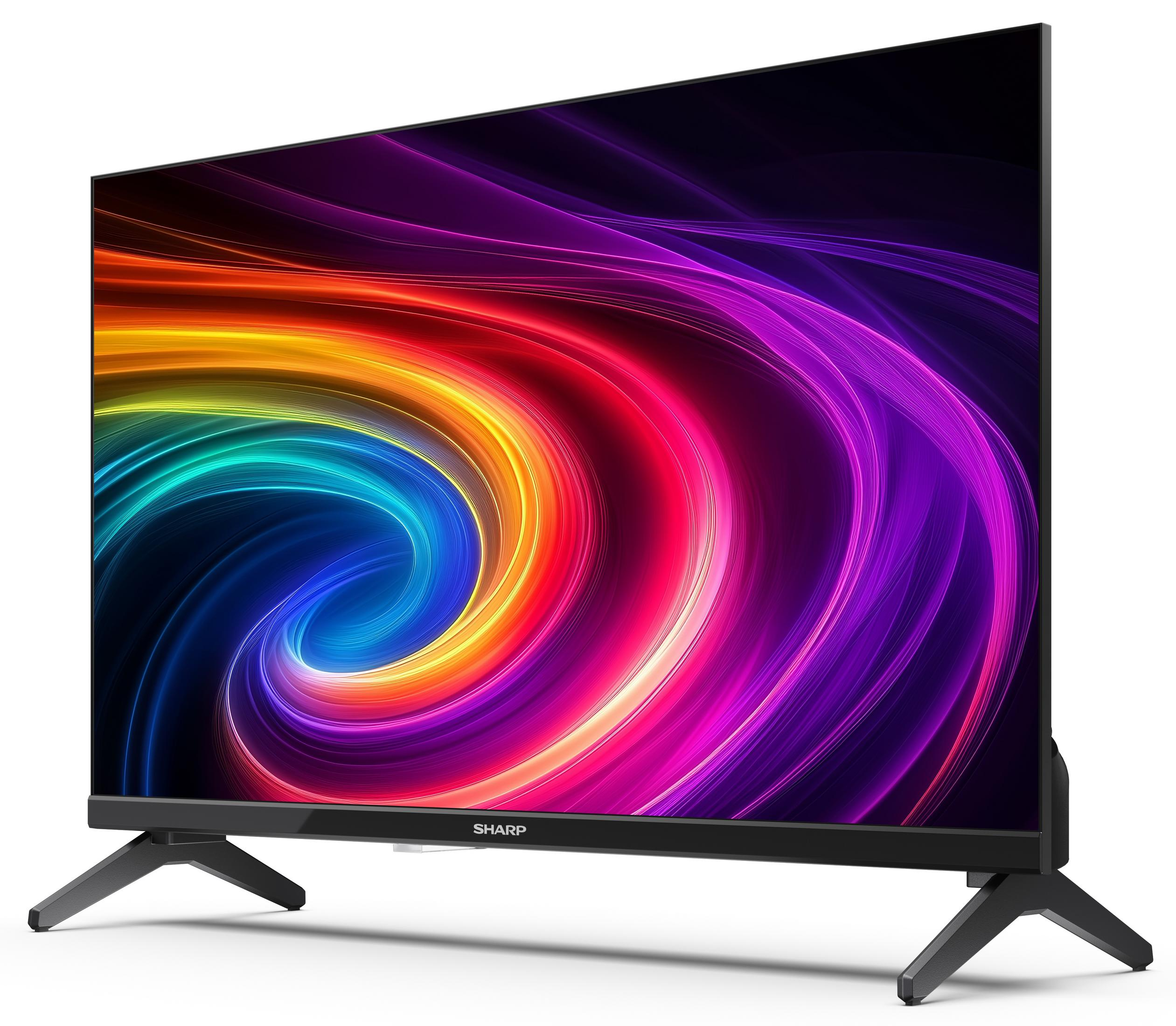 Telewizor Sharp wyświetlający żywy, wirujący kolorowy ekran.