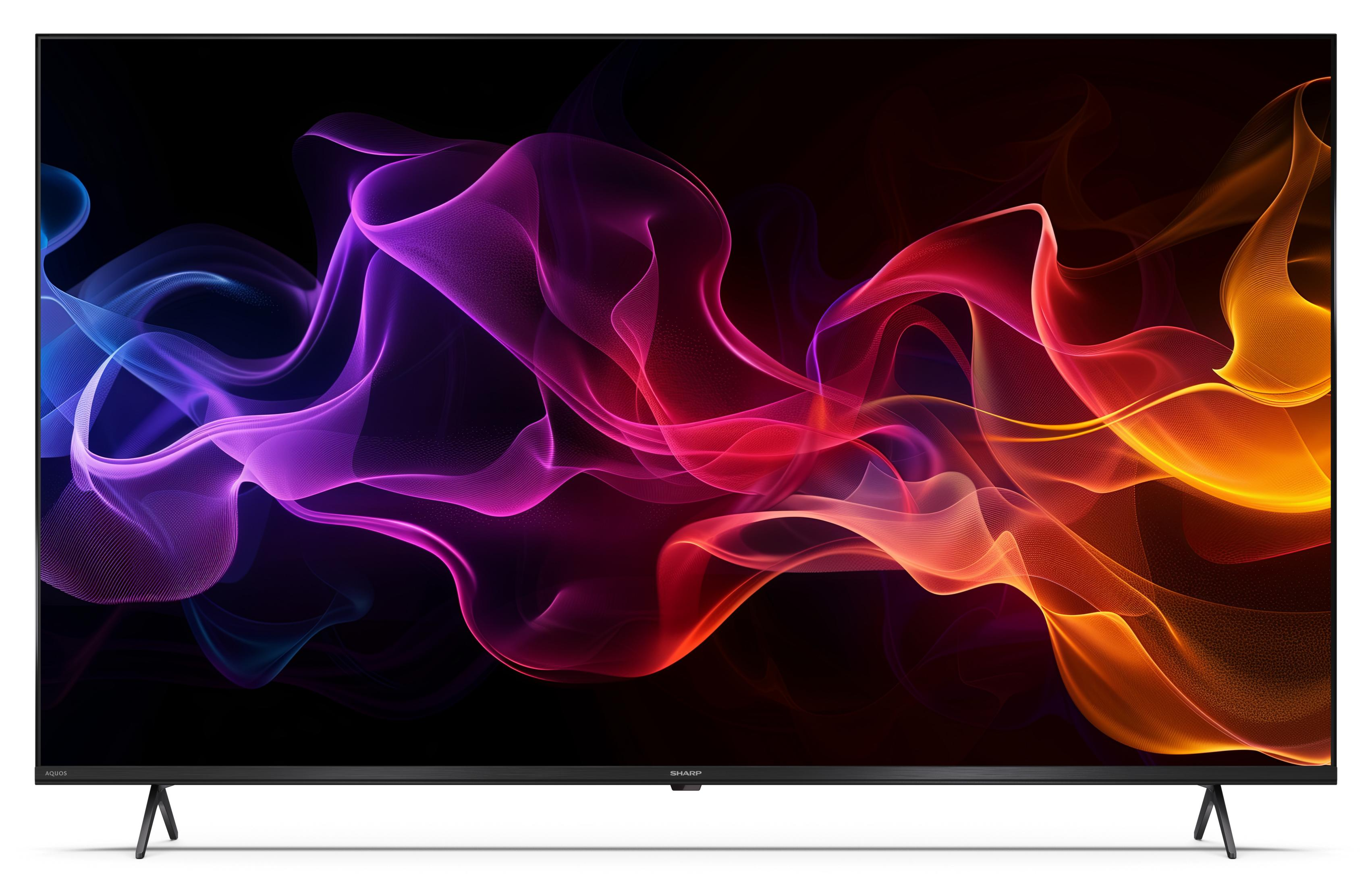 Een moderne televisie met een abstract, vloeiend beeld in paars, roze en oranje.
