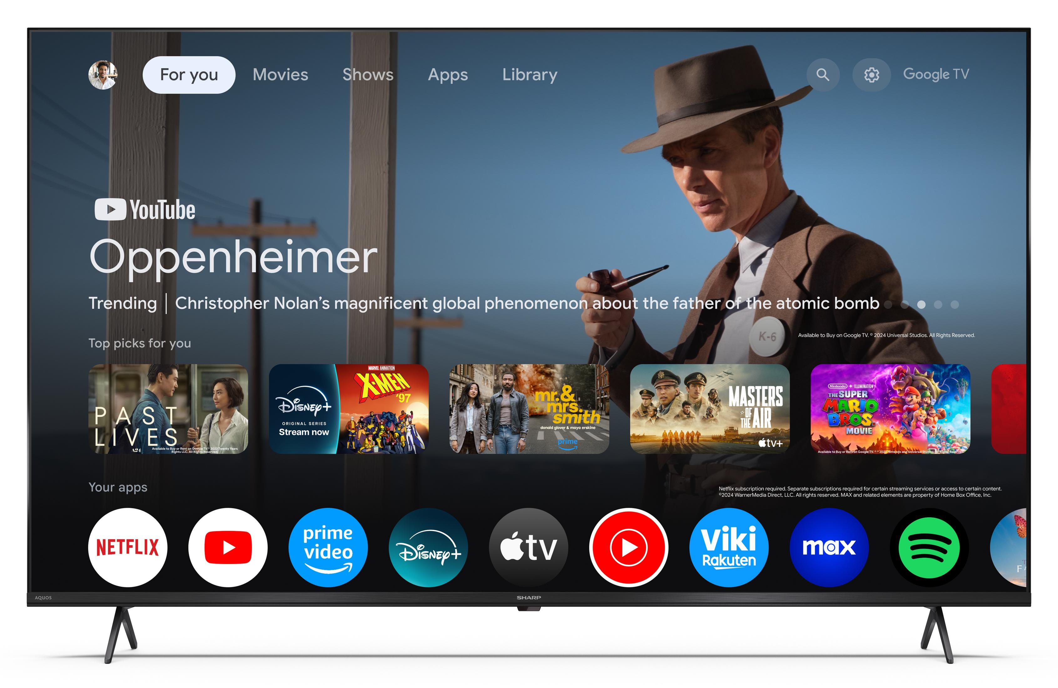 Google TV startscherm met films zoals Oppenheimer en apps.