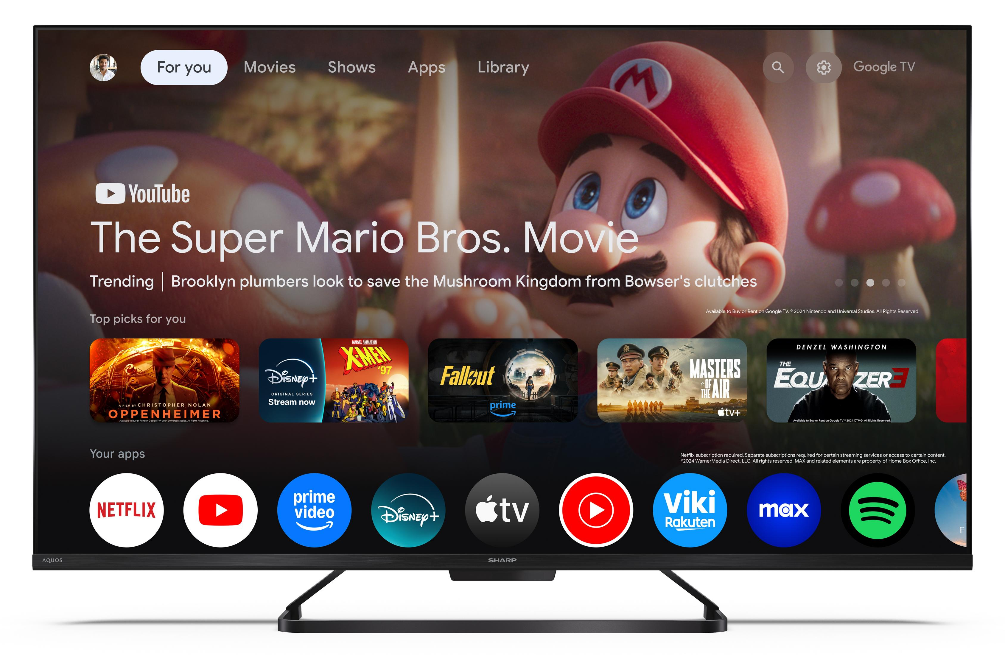 Interfaccia Google TV con The Super Mario Bros. Movie e icone app.