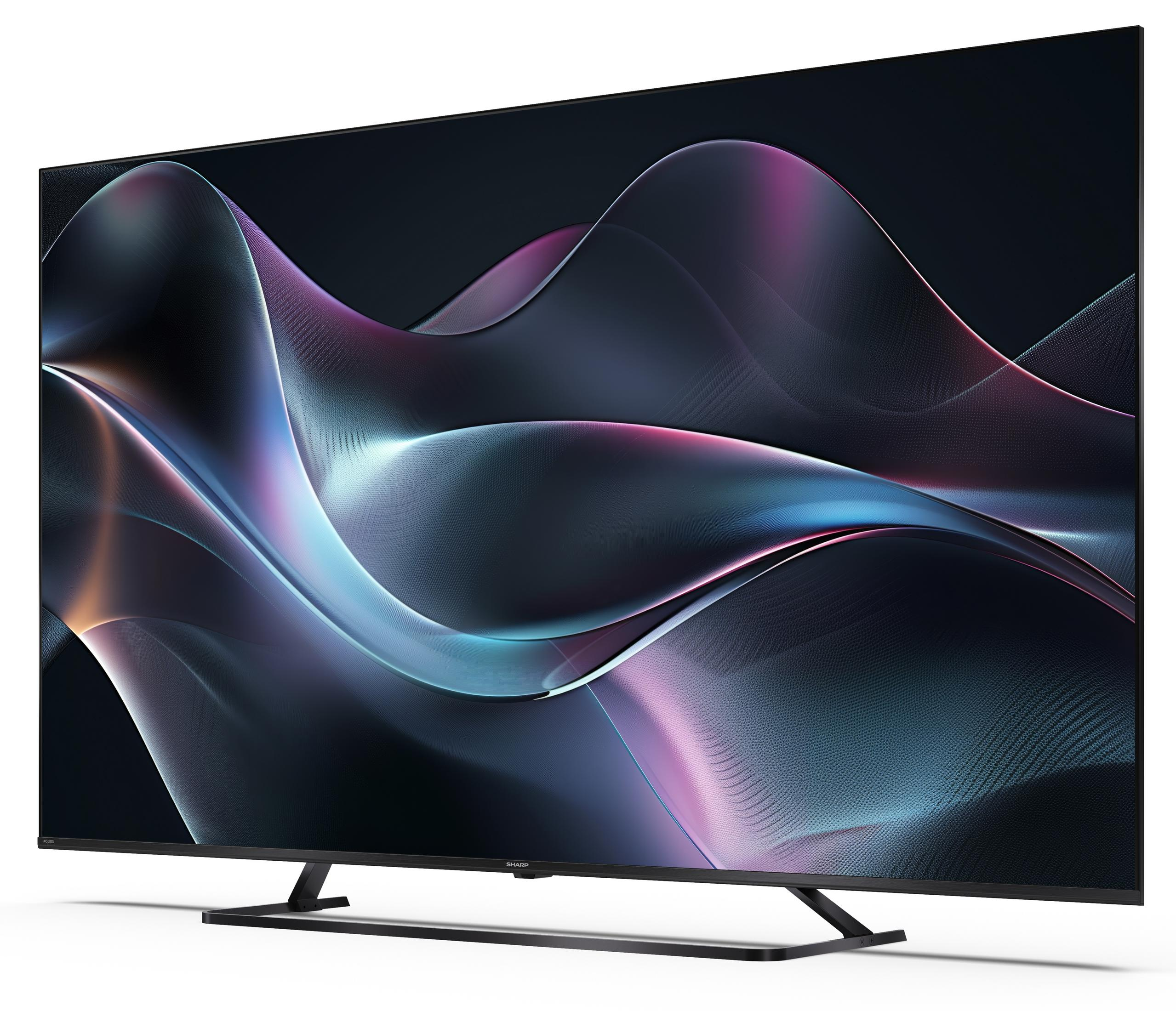 Ein moderner Flachbildfernseher mit einem abstrakten, wellenförmigen Muster in Blau, Lila und Rosa.