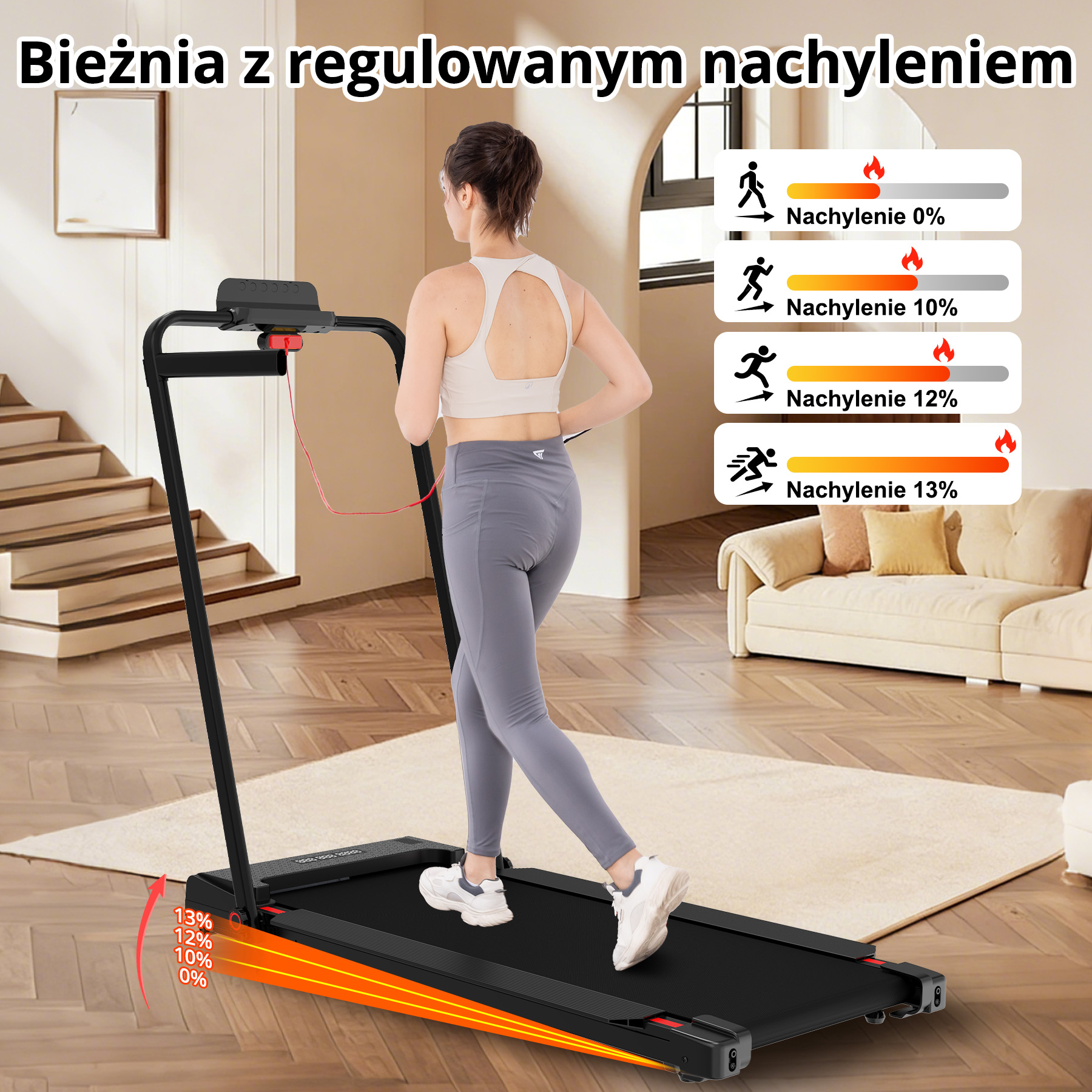 Kobieta biegnie na bieżni z regulowanym nachyleniem od 0% do 13%.