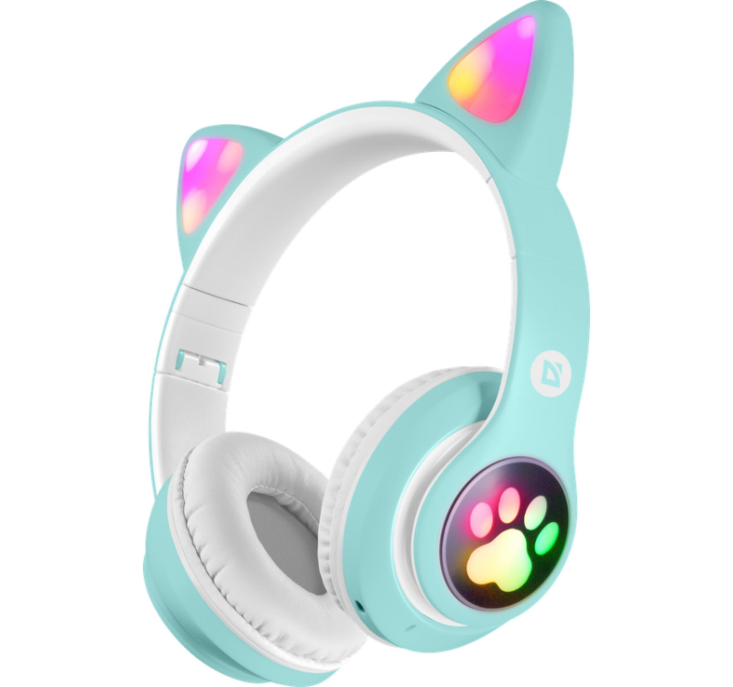 Cuffie azzurro chiaro con orecchie da gatto e zampa luminosa.