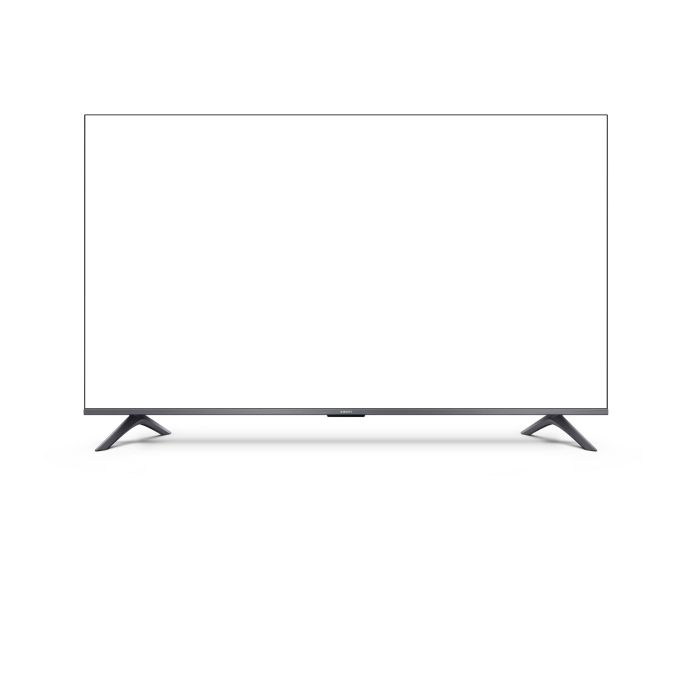 Nowoczesny telewizor z cienką ramką i dwoma V-kształtnymi stopkami na białym tle.