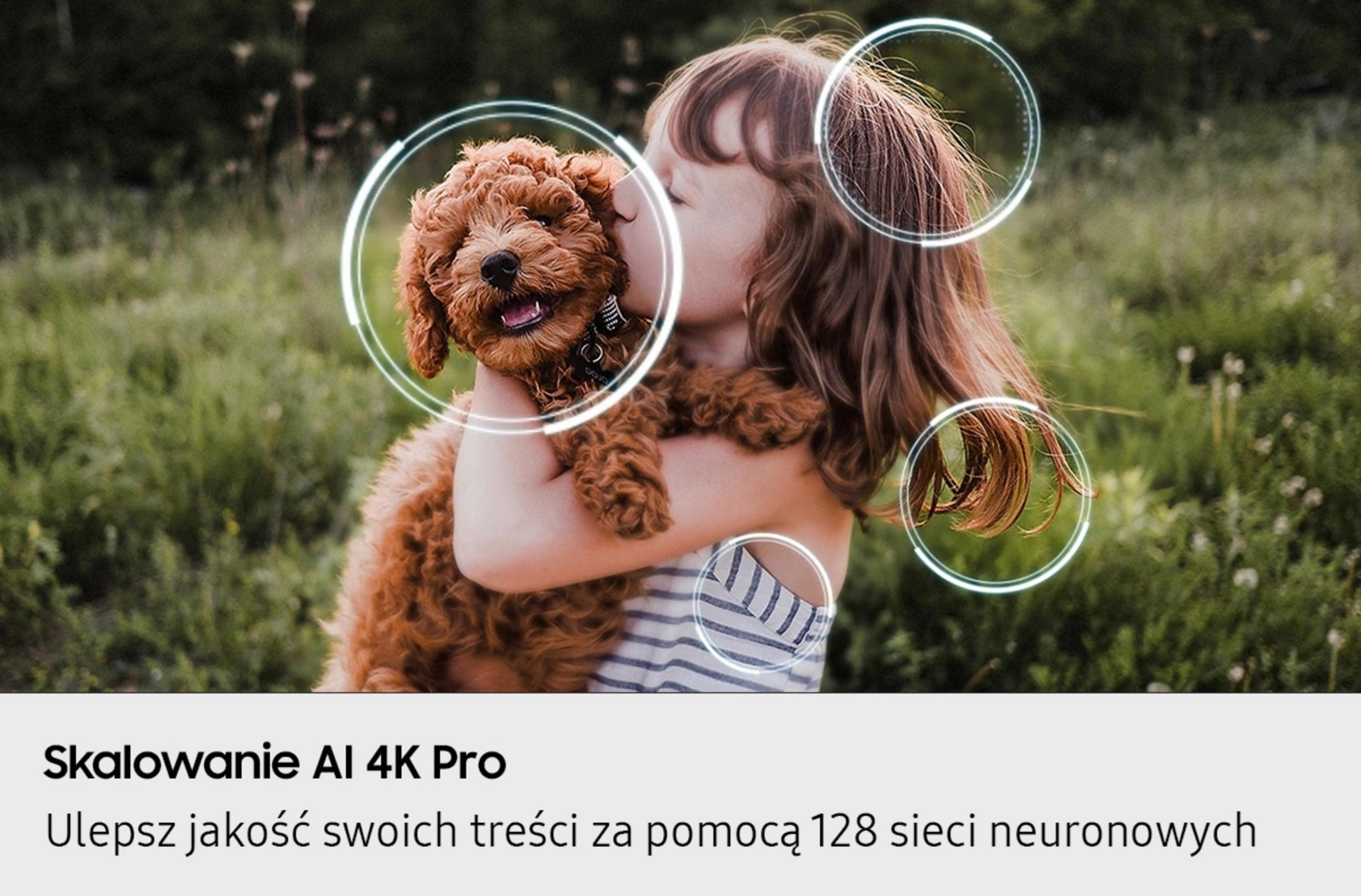Dziewczynka całuje brązowego psa na zewnątrz. Kręgi podkreślają detale.