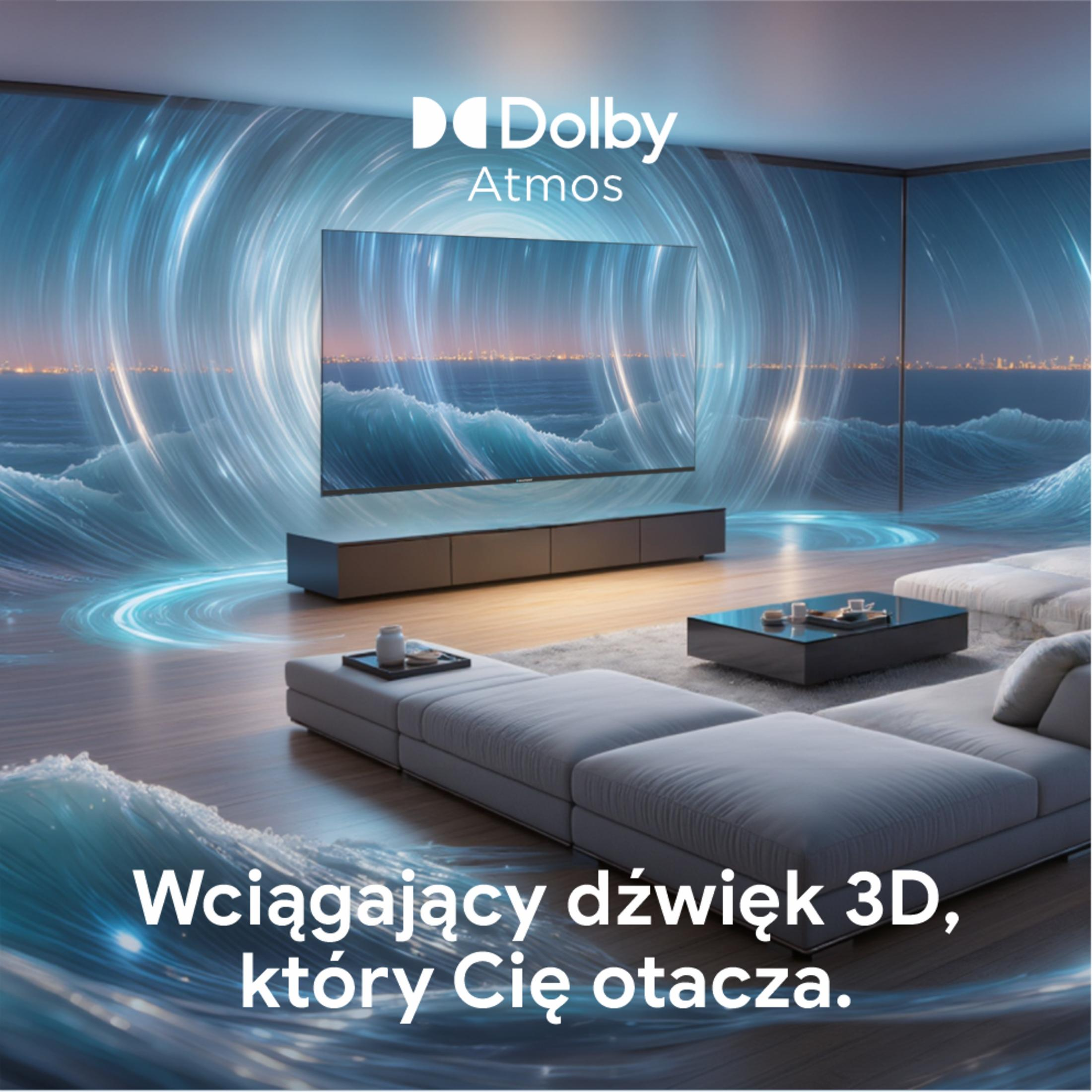 Duże logo Dolby Atmos w nowoczesnym salonie z falami.