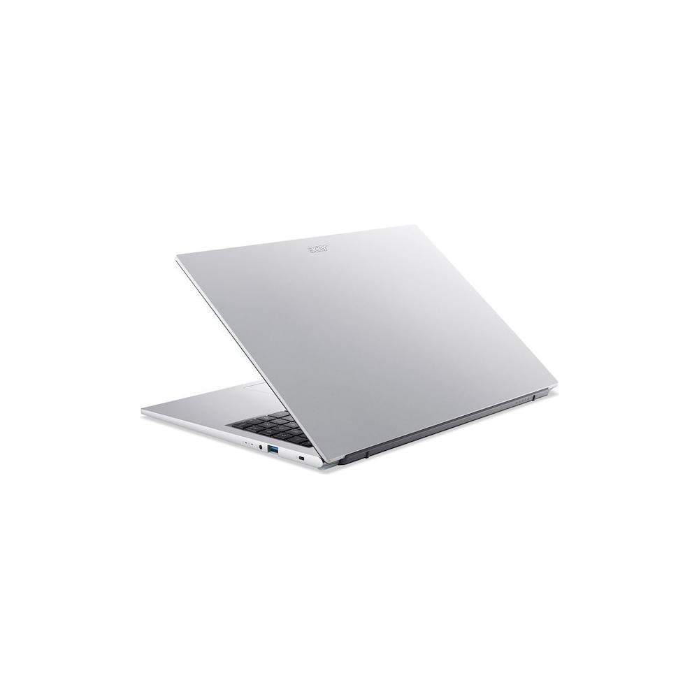 Un laptop argento con schermo aperto, tastiera visibile, su sfondo bianco.