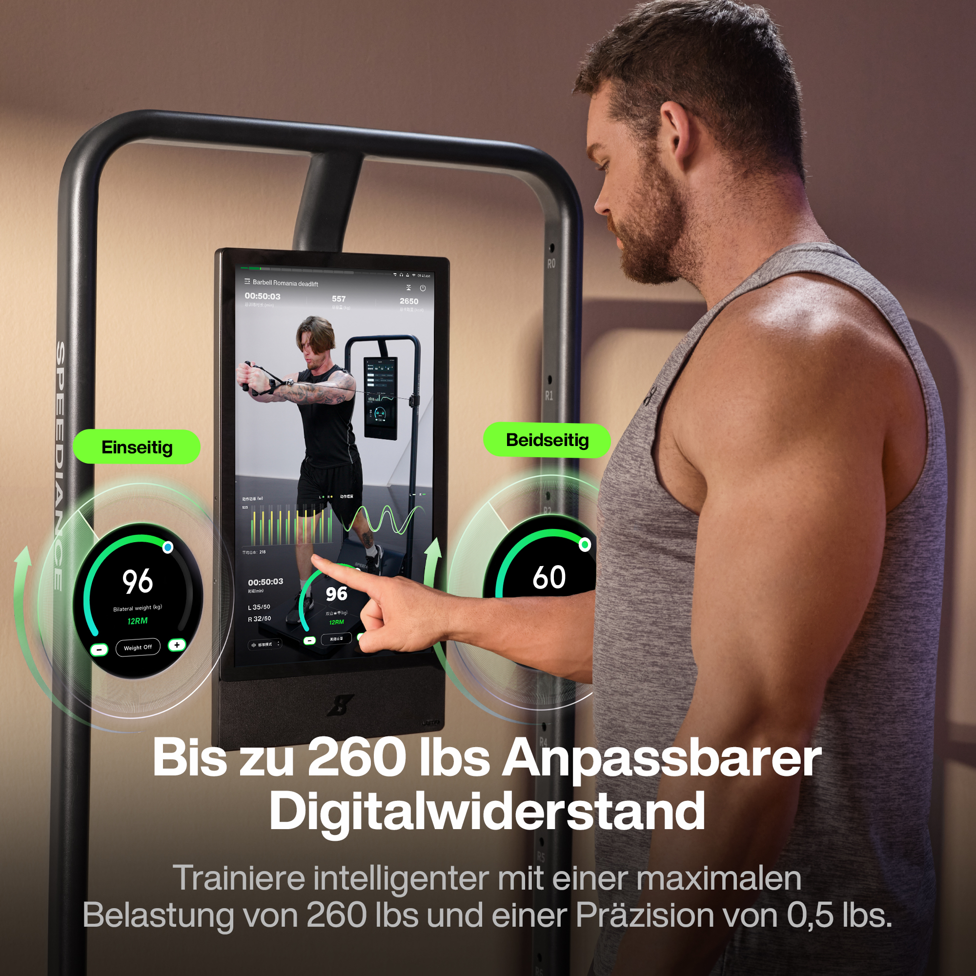 Ein Mann trainiert mit einem digitalen Widerstandsgerät, das 260 lbs anpasst.