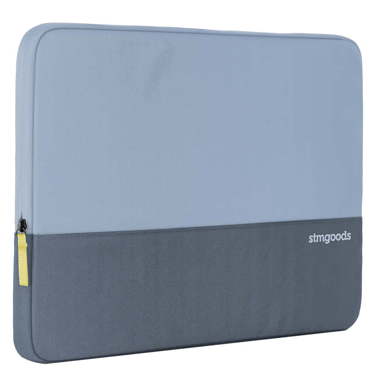 Una custodia per laptop blu chiaro e antracite con cerniera e linguetta gialla.