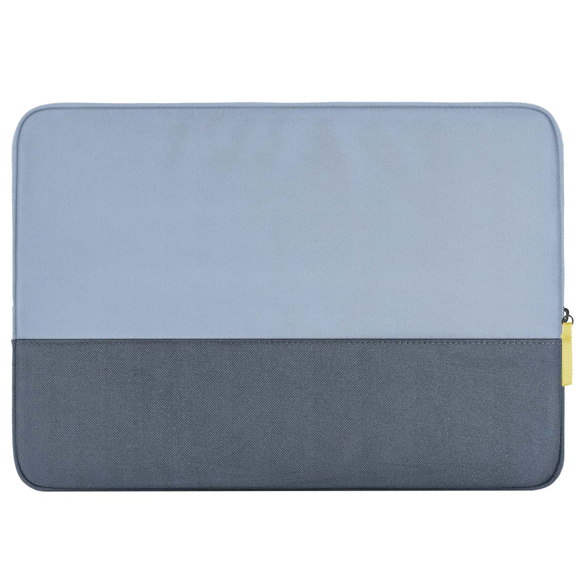 Custodia per laptop bicolore blu chiaro e grigio scuro con cerniera gialla.