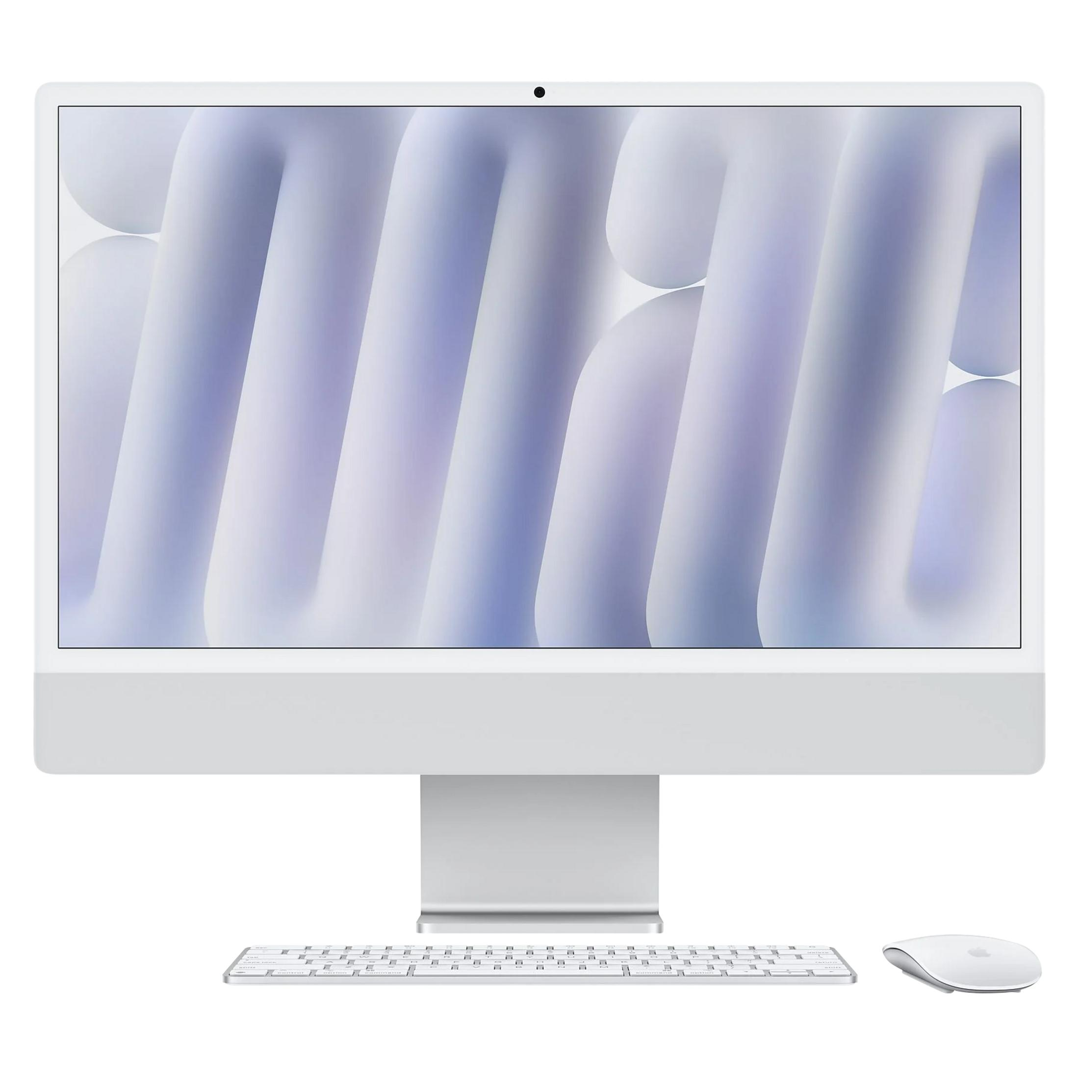 Un iMac bianco con tastiera e mouse su uno sfondo di forme astratte.