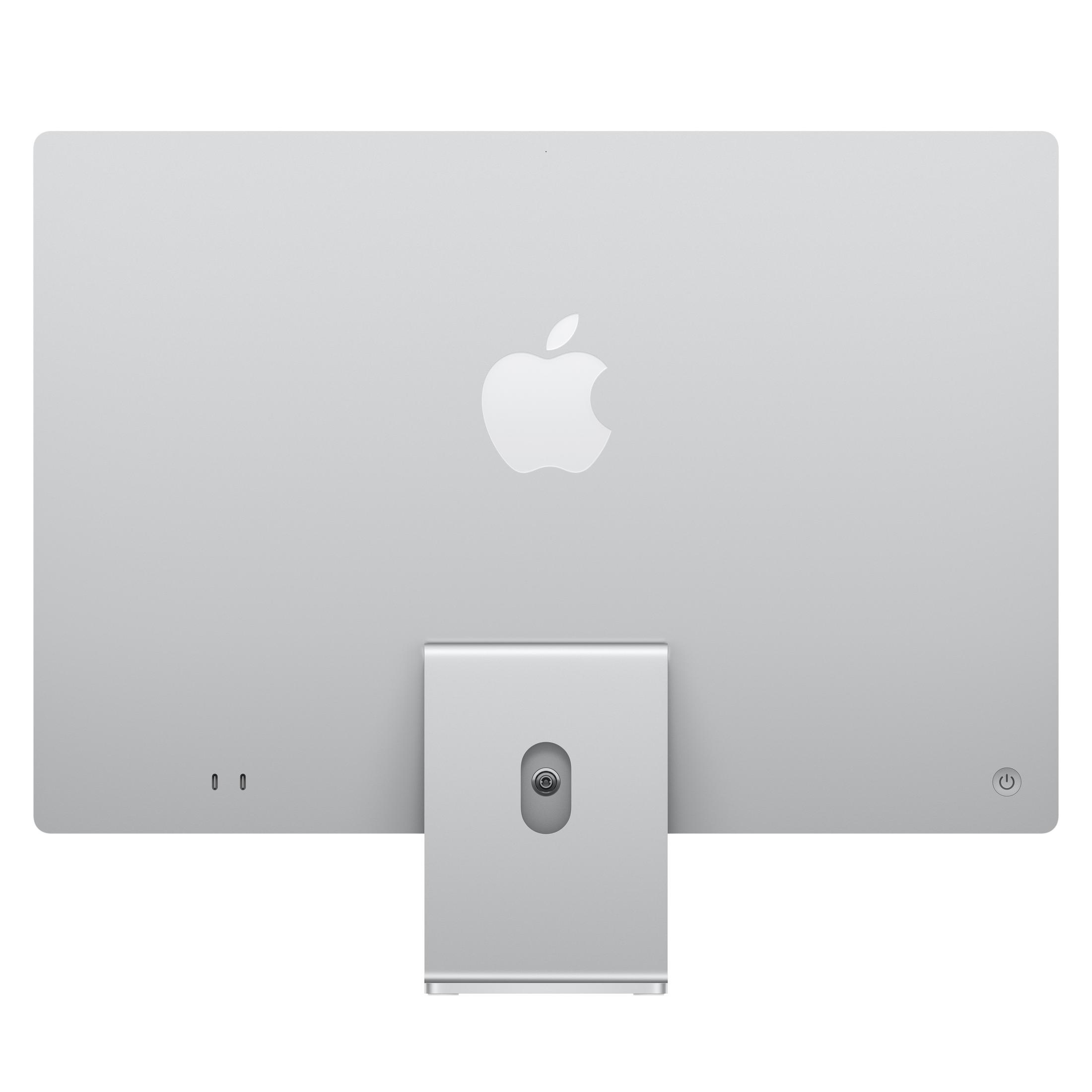 Retro di un iMac argentato con logo Apple e supporto.