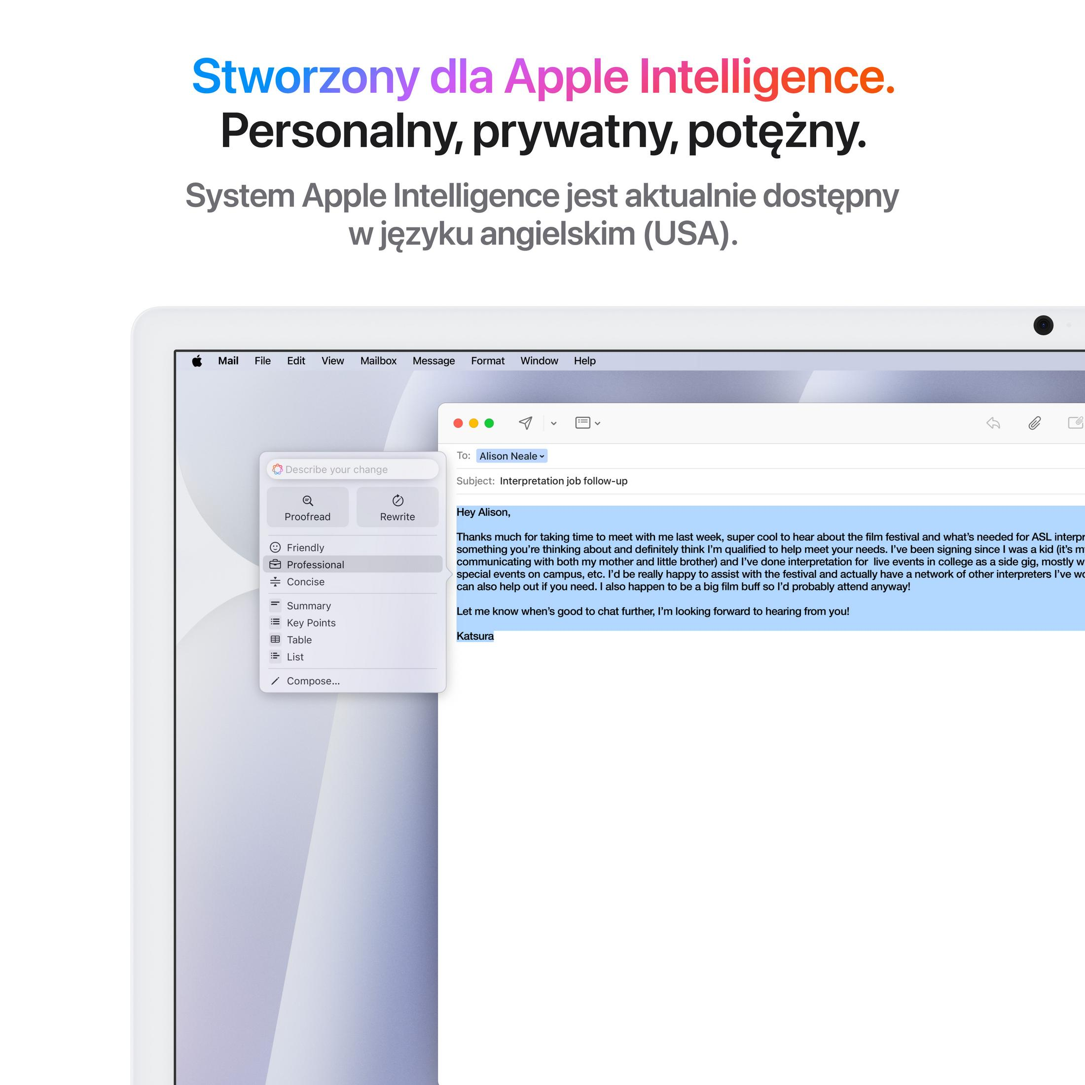 Una finestra e-mail Mac visualizza un messaggio su un lavoro di interprete.