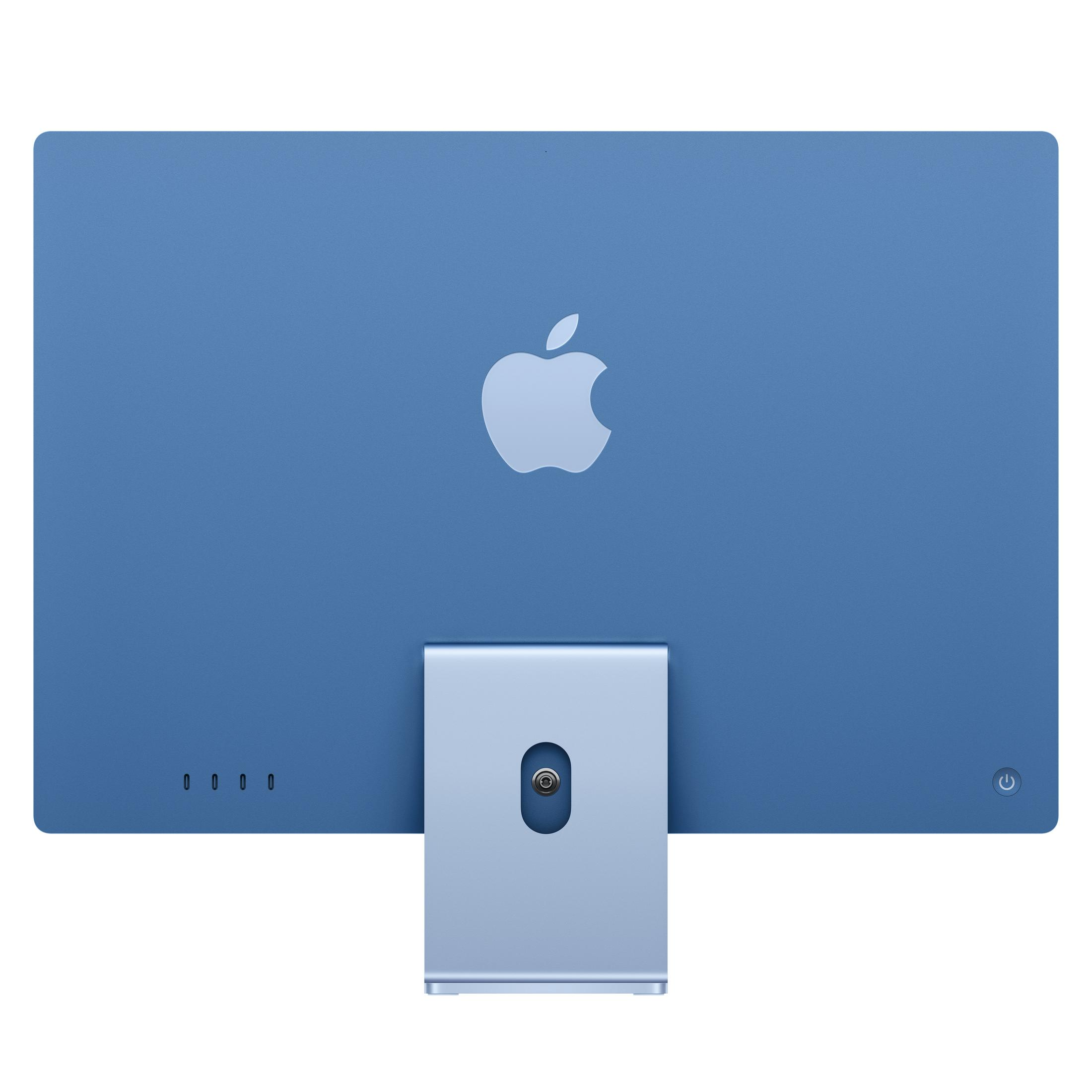 Retro di un iMac blu con logo Apple e supporto.